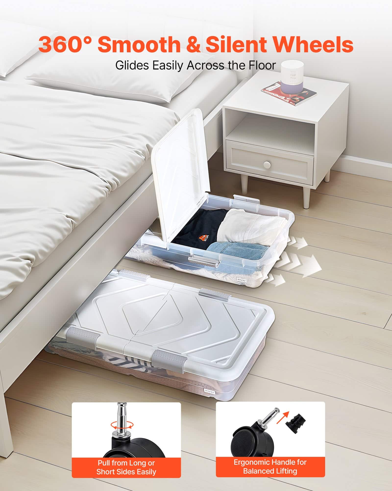 VEVOR Underbed Storage with Wheels 1010x510x150 mm, 2-Pack Rolling Storage Bins with Lid & Latch for Clothes, Shoes, Blankets — изображение 7