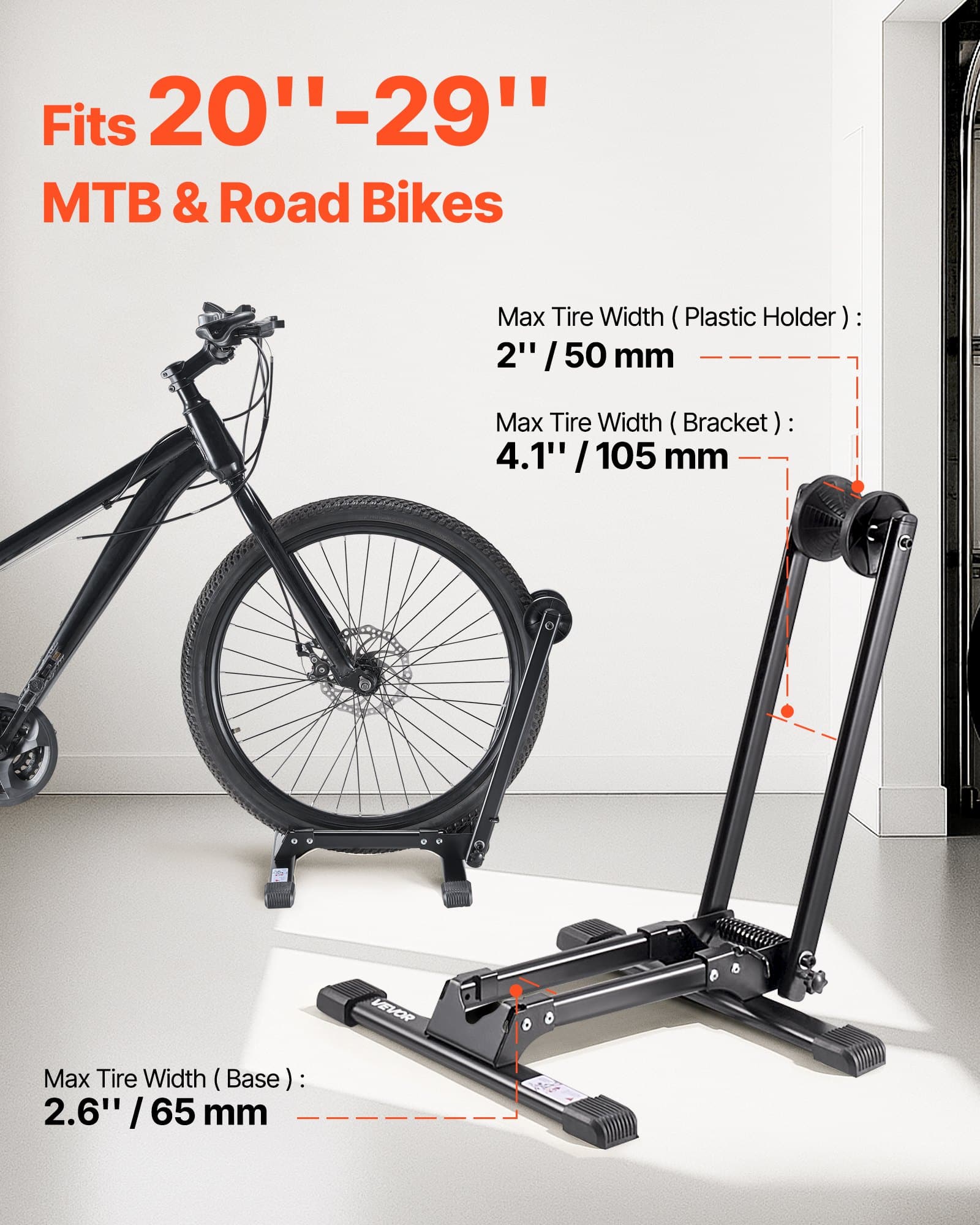 VEVOR Foldable Bike Floor Stand, Fits 508–736.6 mm Road & Mountain Bikes, Rust-Resistant Alloy Steel Rack, Max 50 mm Tire, Black — изображение 2