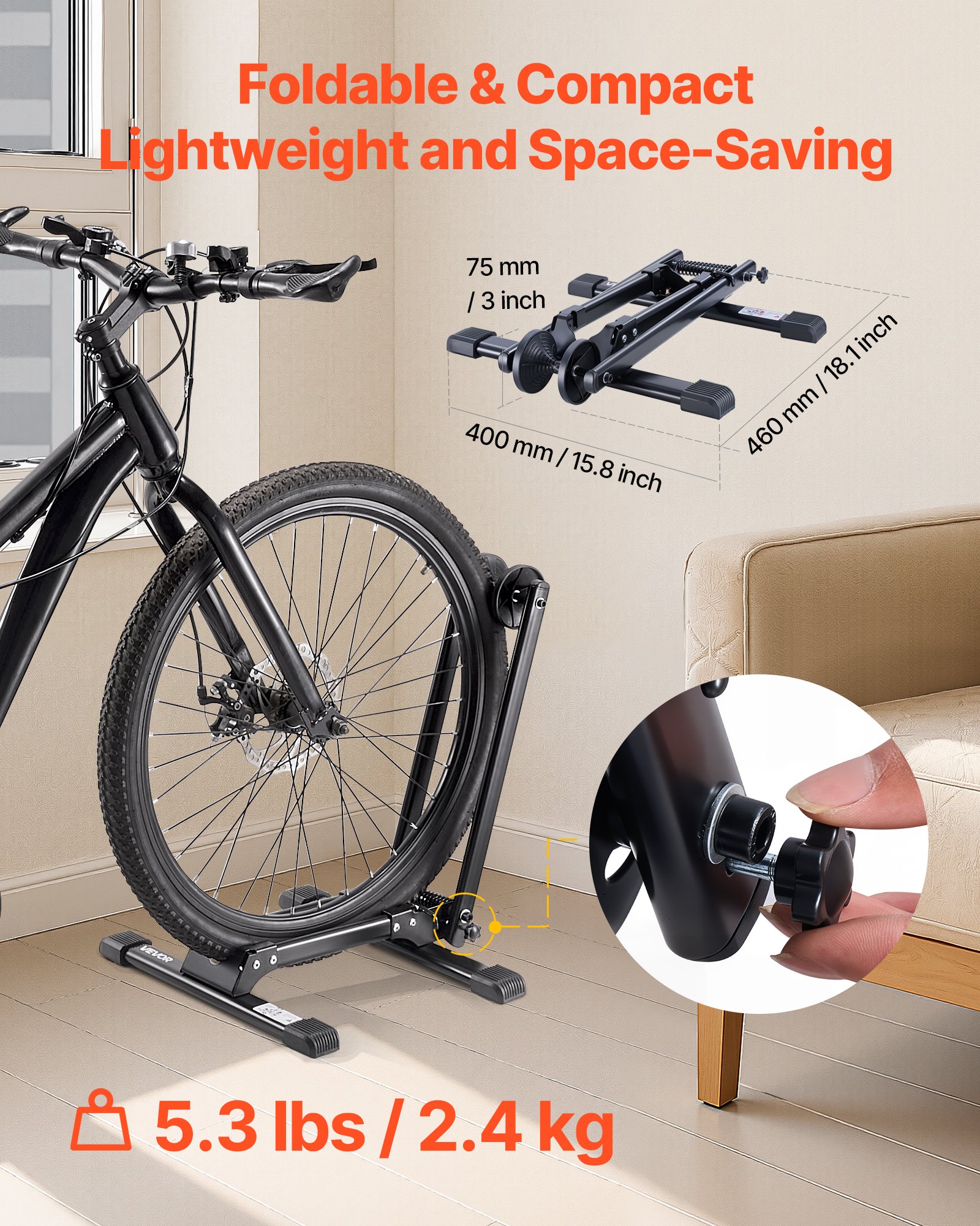 VEVOR Foldable Bike Floor Stand, Fits 508–736.6 mm Road & Mountain Bikes, Rust-Resistant Alloy Steel Rack, Max 50 mm Tire, Black — изображение 4