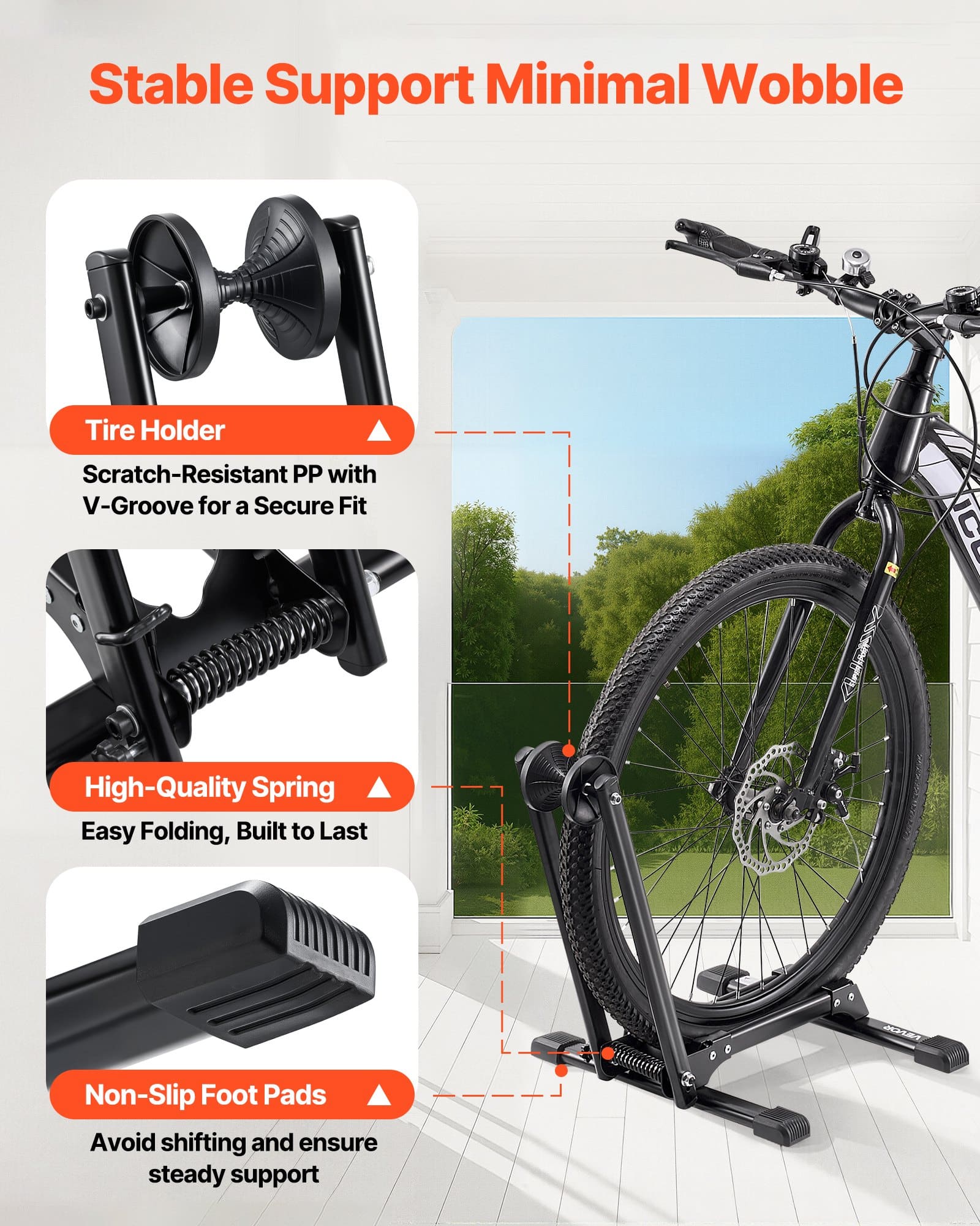 VEVOR Foldable Bike Floor Stand, Fits 508–736.6 mm Road & Mountain Bikes, Rust-Resistant Alloy Steel Rack, Max 50 mm Tire, Black — изображение 6