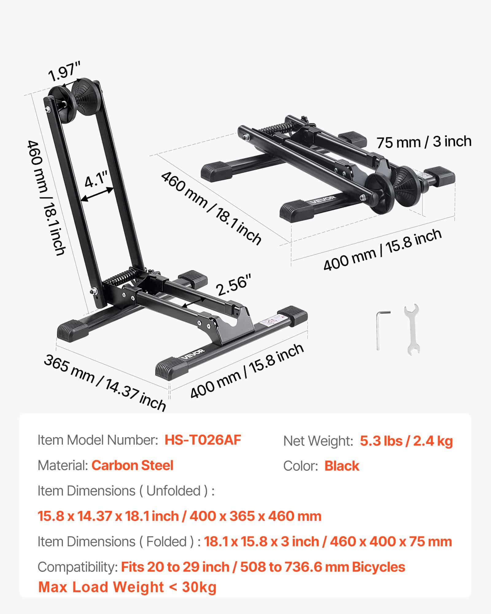 VEVOR Foldable Bike Floor Stand, Fits 508–736.6 mm Road & Mountain Bikes, Rust-Resistant Alloy Steel Rack, Max 50 mm Tire, Black — изображение 7