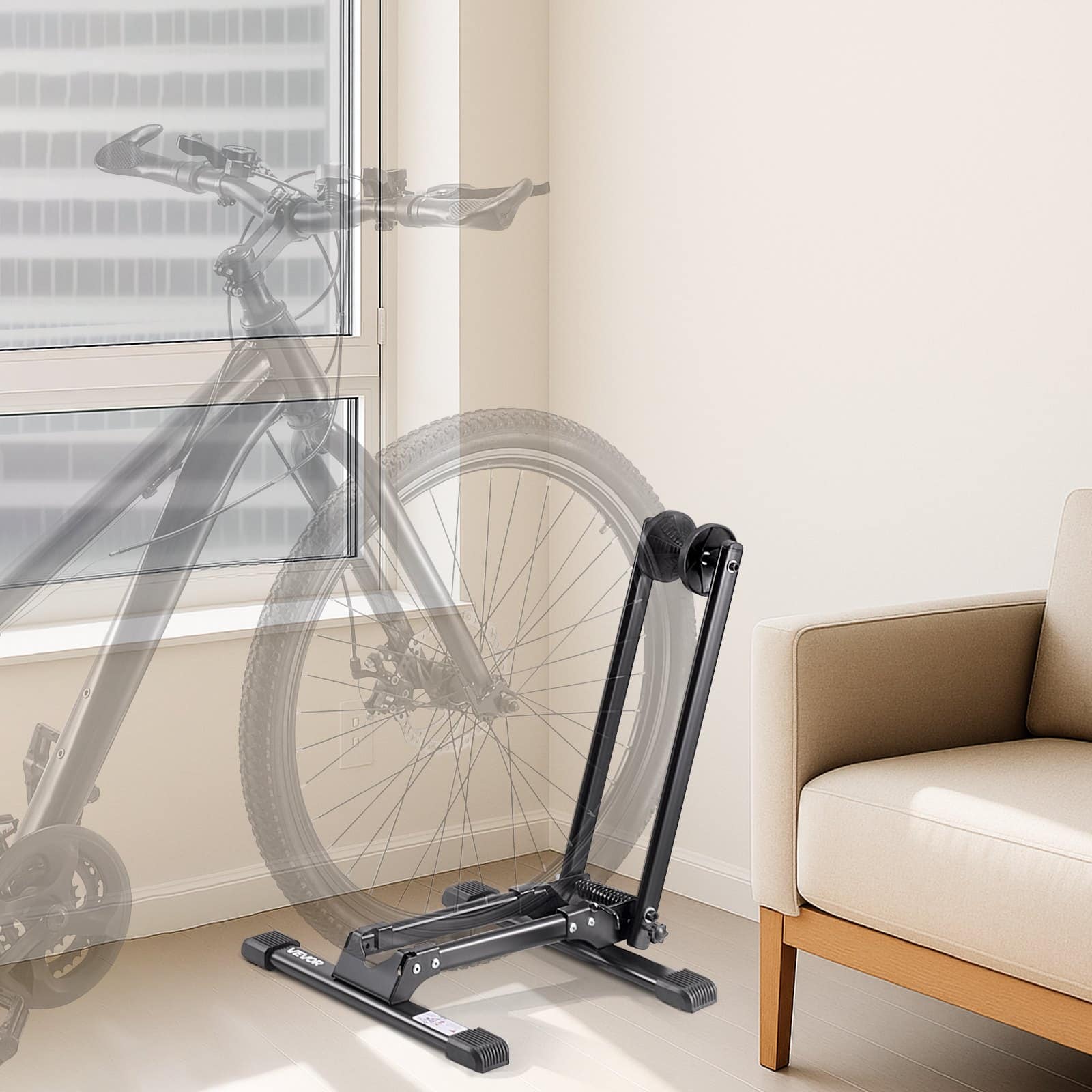 VEVOR Foldable Bike Floor Stand, Fits 508–736.6 mm Road & Mountain Bikes, Rust-Resistant Alloy Steel Rack, Max 50 mm Tire, Black — изображение 8