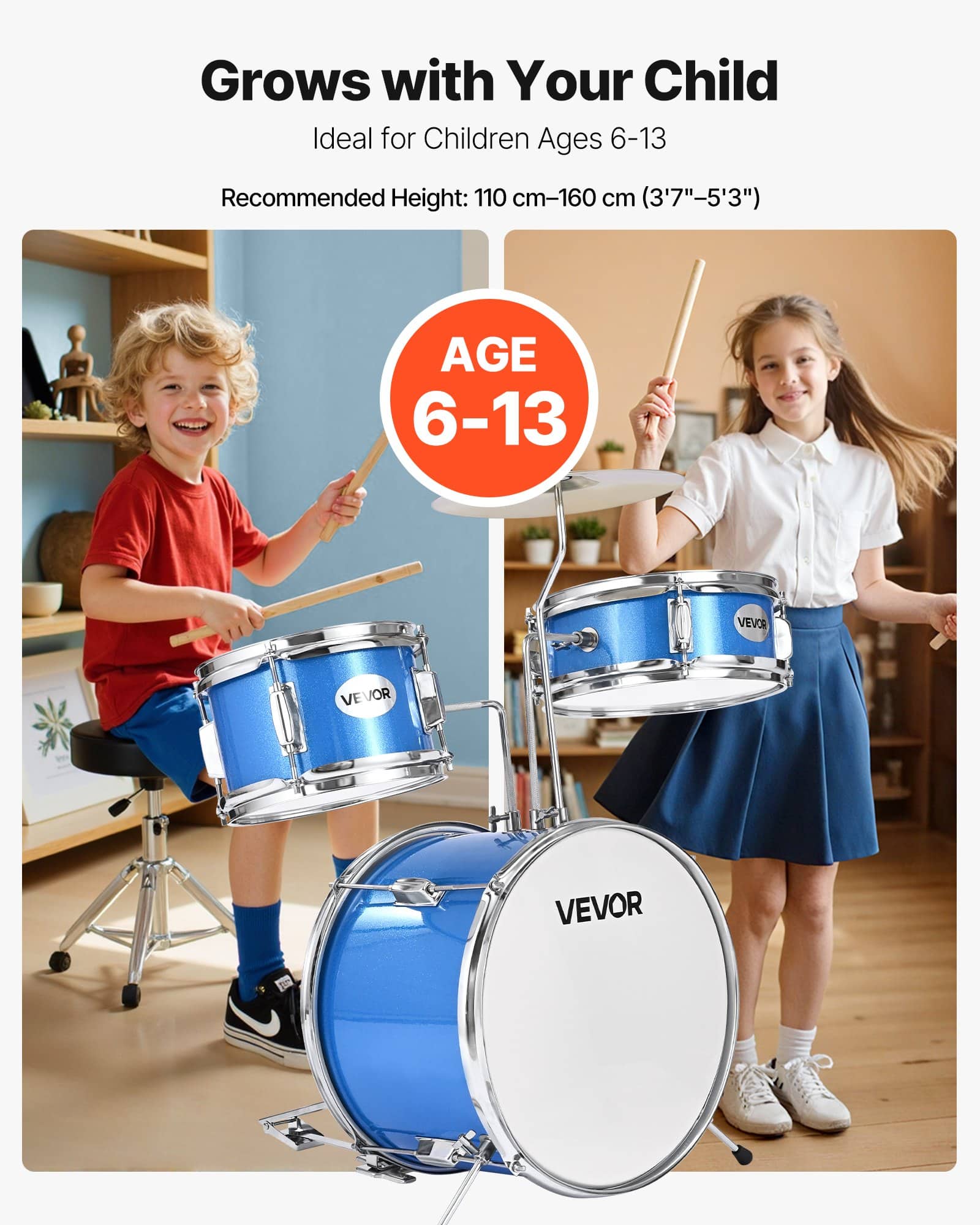 VEVOR 3-Piece Junior Drum Set for Kids Ages 6-13, 14 in Bass Drum, Adjustable Throne, 2 Drumstick Pairs, Blue - Зображення 2