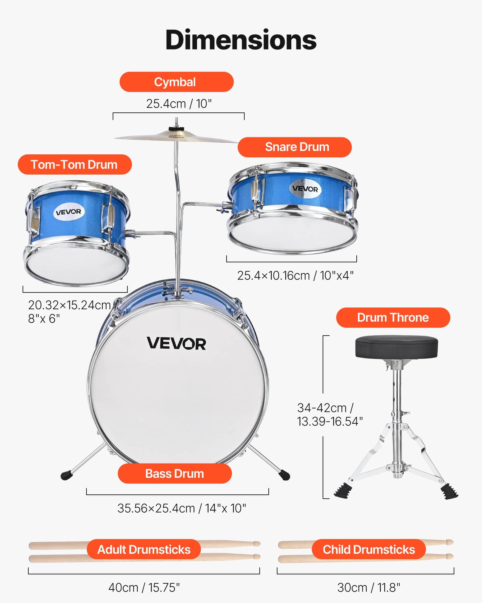 VEVOR 3-Piece Junior Drum Set for Kids Ages 6-13, 14 in Bass Drum, Adjustable Throne, 2 Drumstick Pairs, Blue - Зображення 3