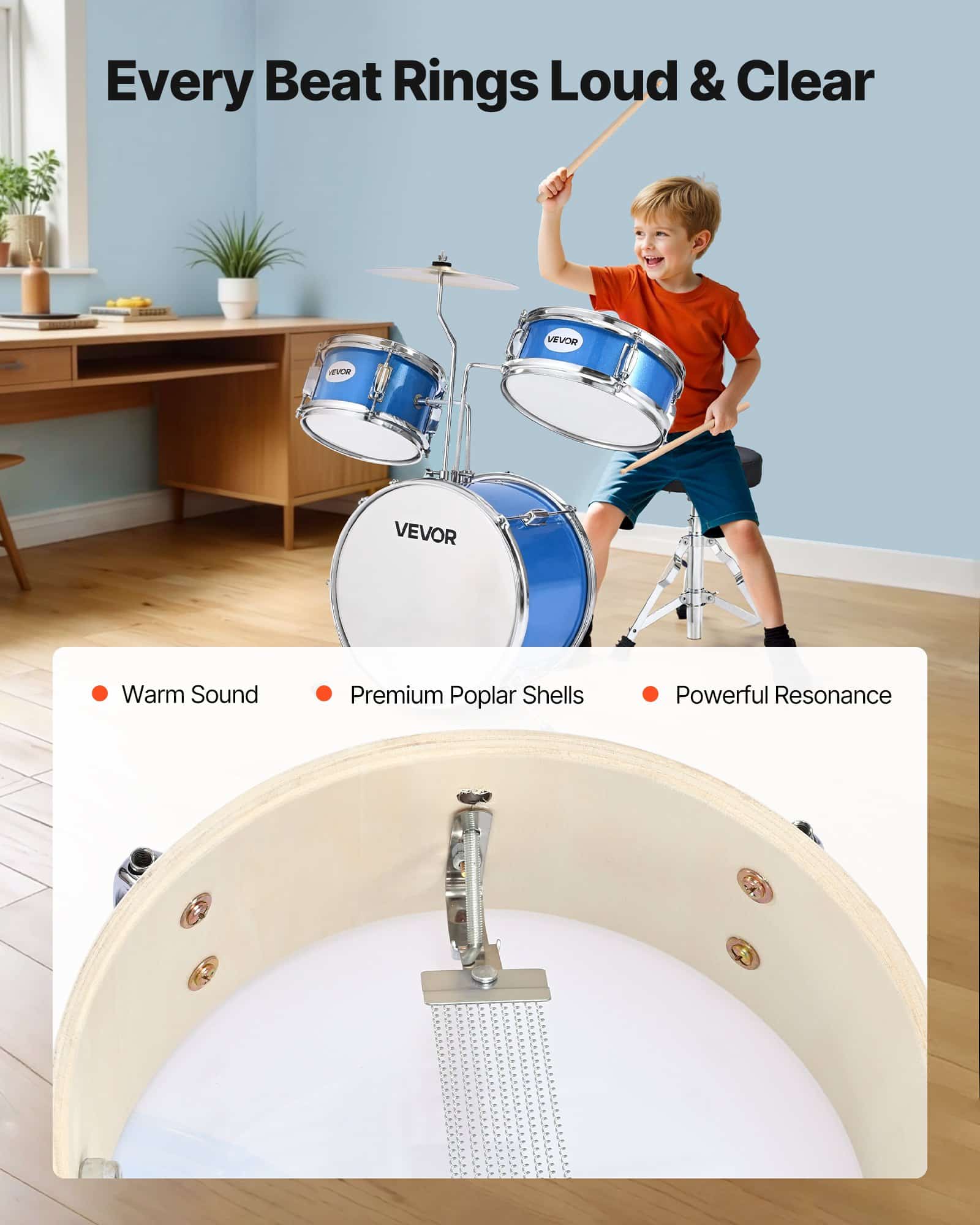 VEVOR 3-Piece Junior Drum Set for Kids Ages 6-13, 14 in Bass Drum, Adjustable Throne, 2 Drumstick Pairs, Blue - Зображення 4