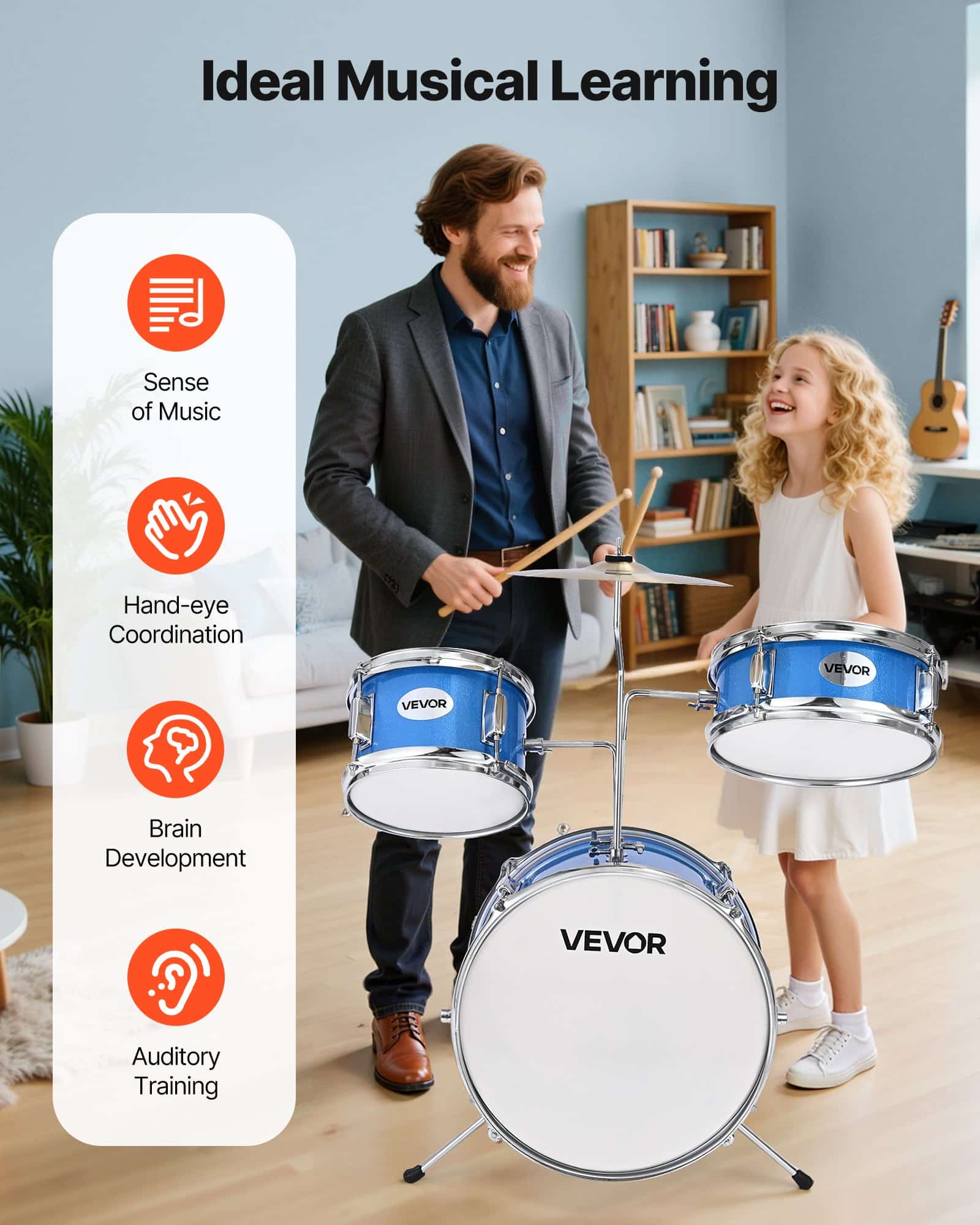 VEVOR 3-Piece Junior Drum Set for Kids Ages 6-13, 14 in Bass Drum, Adjustable Throne, 2 Drumstick Pairs, Blue - Зображення 5