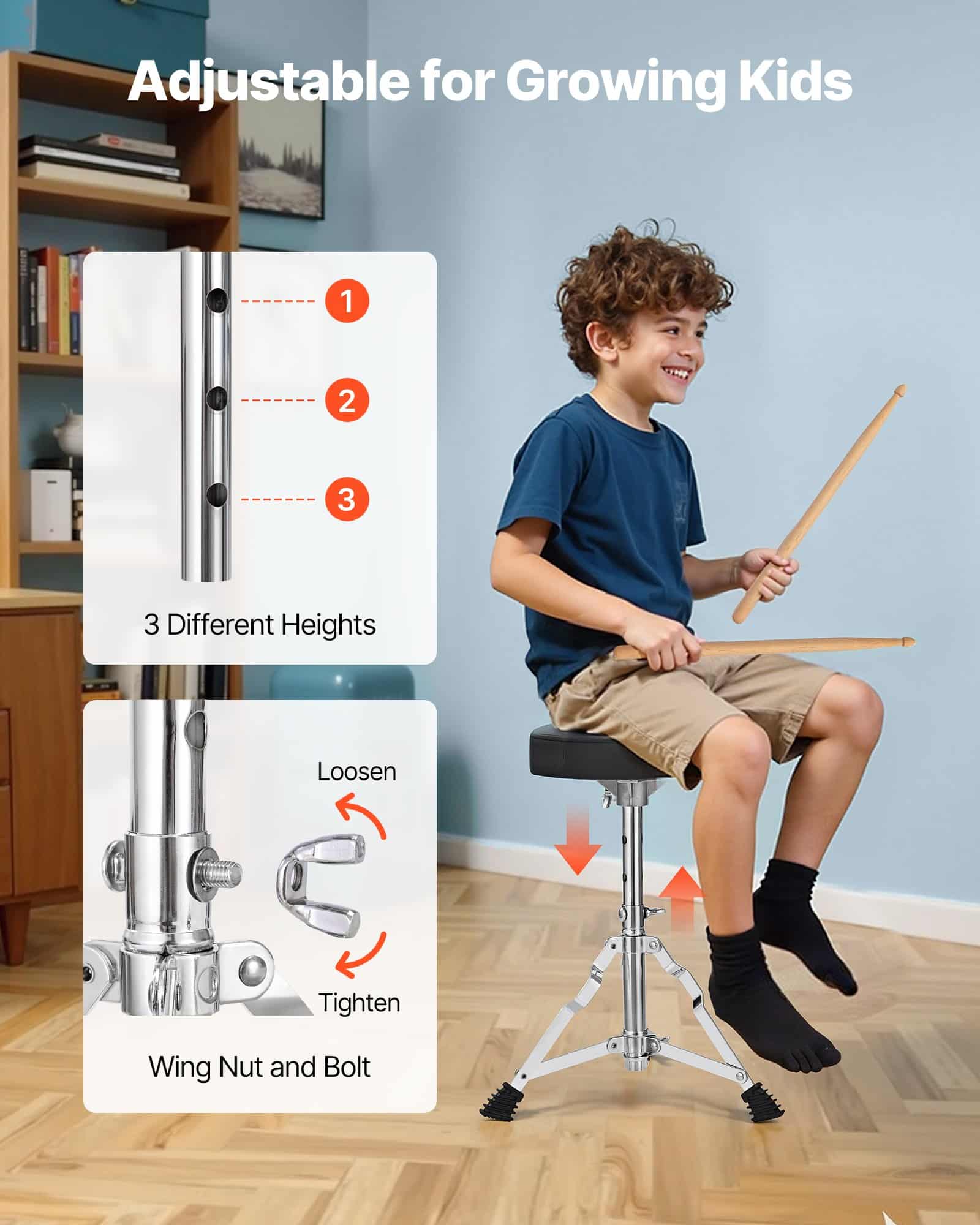 VEVOR 3-Piece Junior Drum Set for Kids Ages 6-13, 14 in Bass Drum, Adjustable Throne, 2 Drumstick Pairs, Blue - Зображення 6