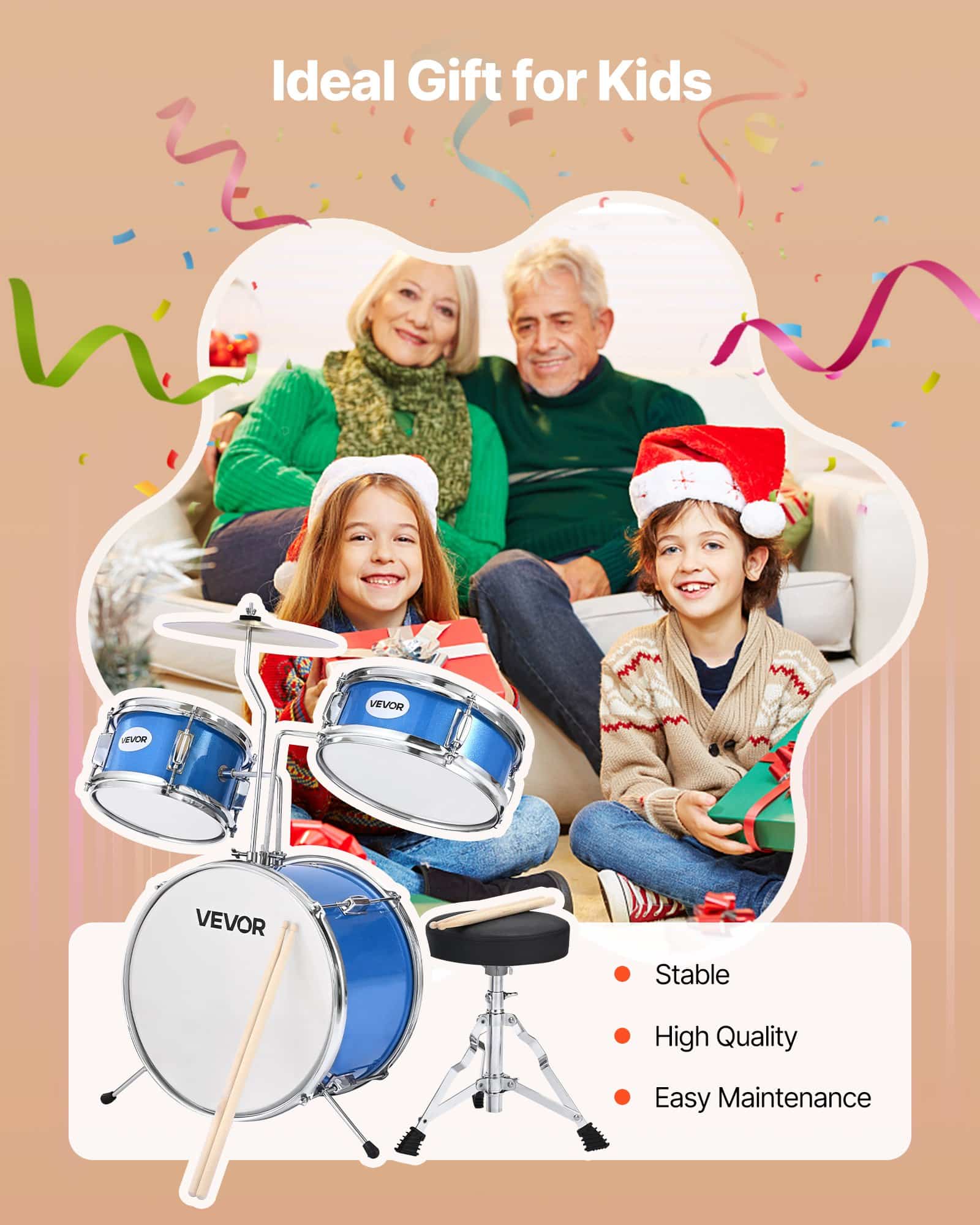 VEVOR 3-Piece Junior Drum Set for Kids Ages 6-13, 14 in Bass Drum, Adjustable Throne, 2 Drumstick Pairs, Blue - Зображення 7