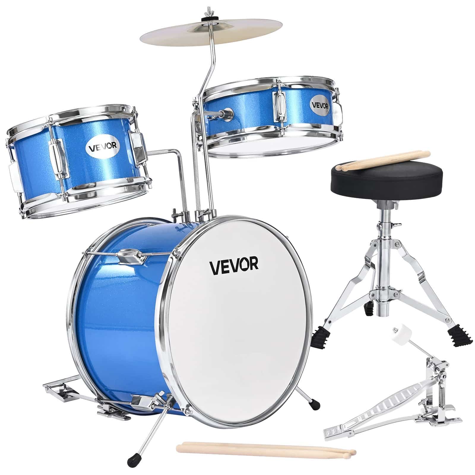 VEVOR 3-Piece Junior Drum Set for Kids Ages 6-13, 14 in Bass Drum, Adjustable Throne, 2 Drumstick Pairs, Blue