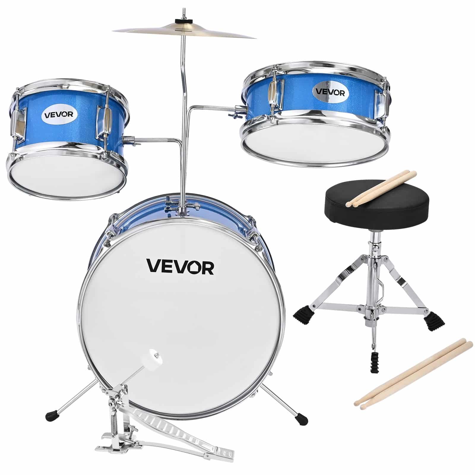 VEVOR 3-Piece Junior Drum Set for Kids Ages 6-13, 14 in Bass Drum, Adjustable Throne, 2 Drumstick Pairs, Blue - Зображення 11