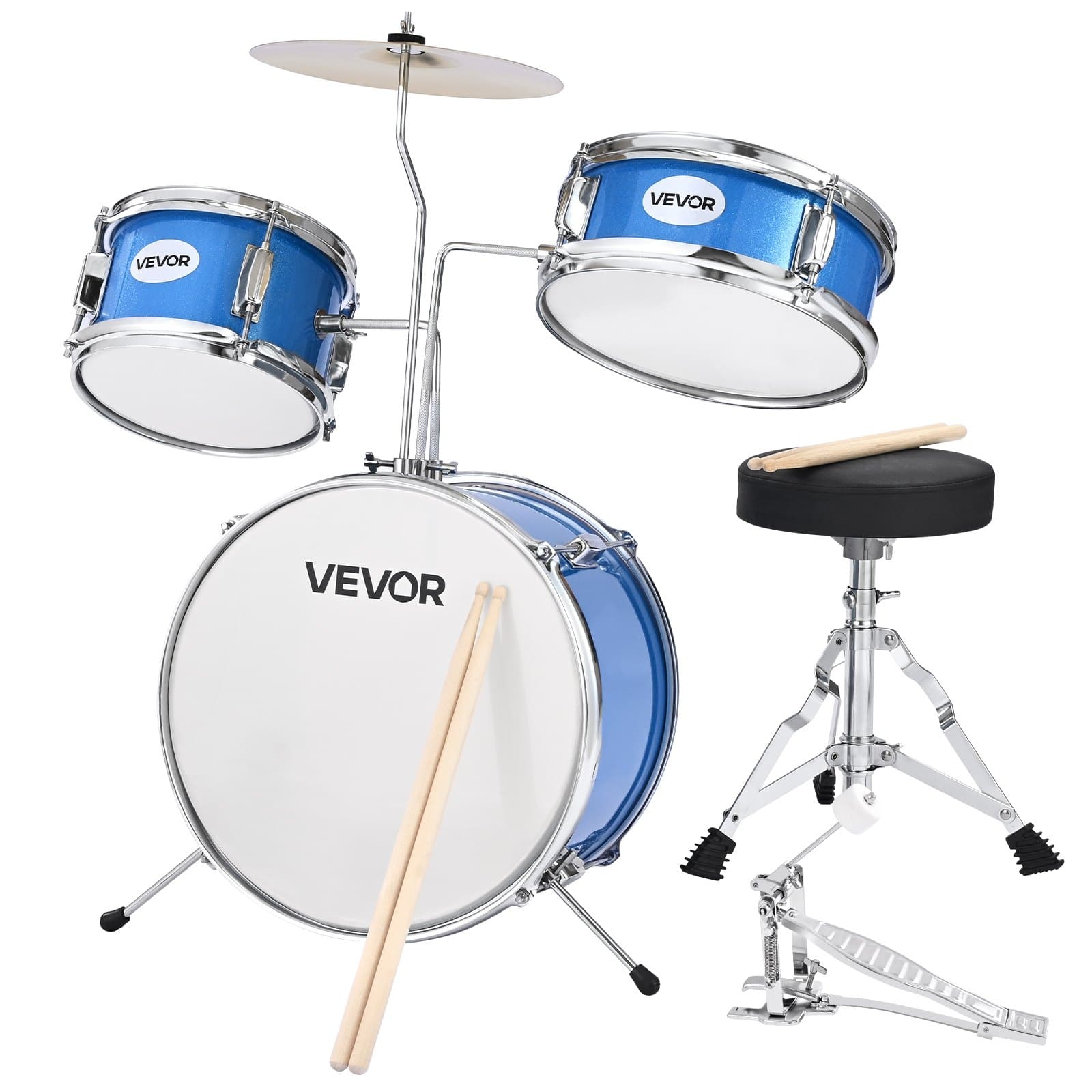 VEVOR 3-Piece Junior Drum Set for Kids Ages 6-13, 14 in Bass Drum, Adjustable Throne, 2 Drumstick Pairs, Blue - Зображення 12
