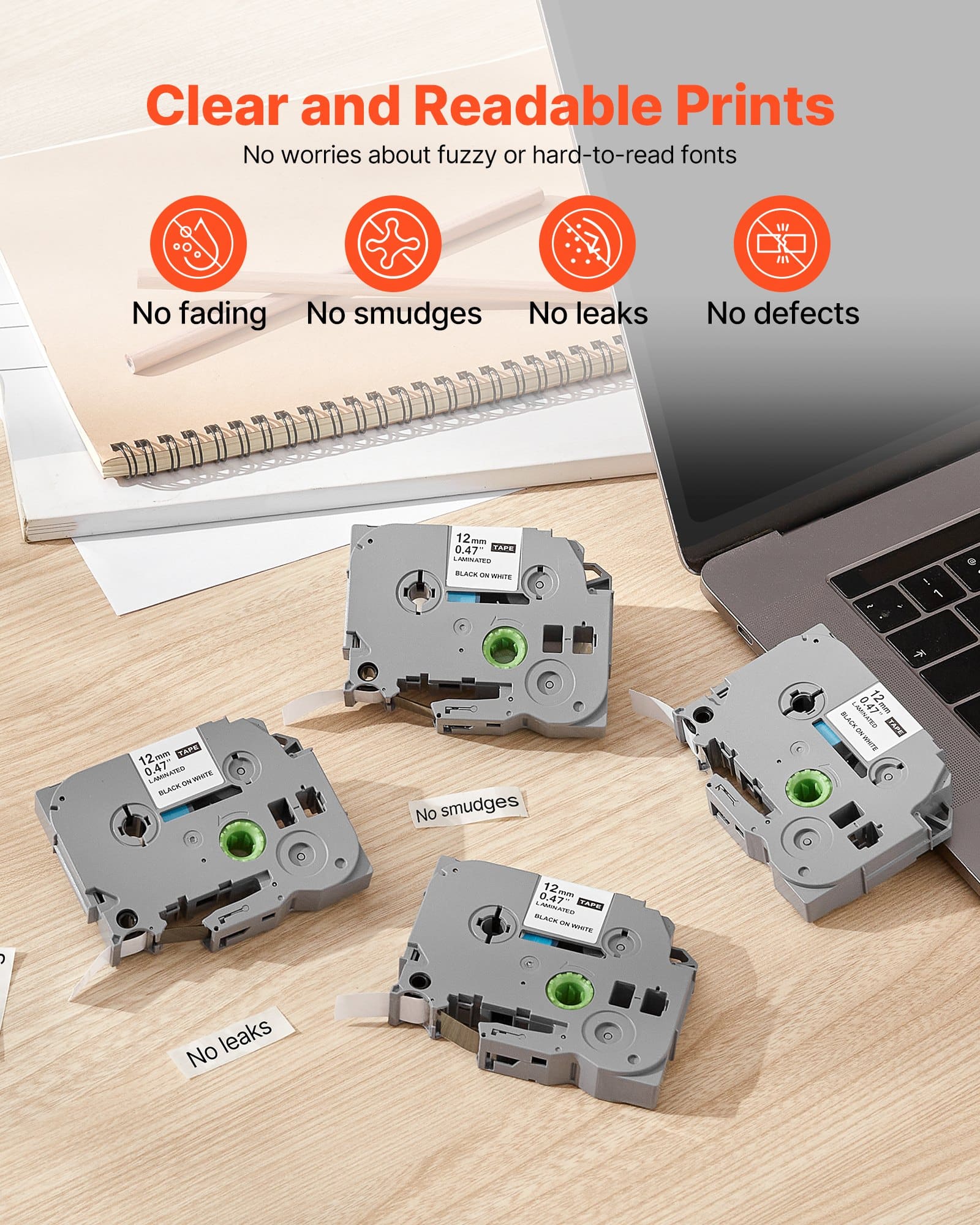VEVOR Label Maker Tape 4-Pack, 12mm Black on White, TZe-231 Compatible for Brother P-Touch, Waterproof & Durable 8m Rolls — изображение 2