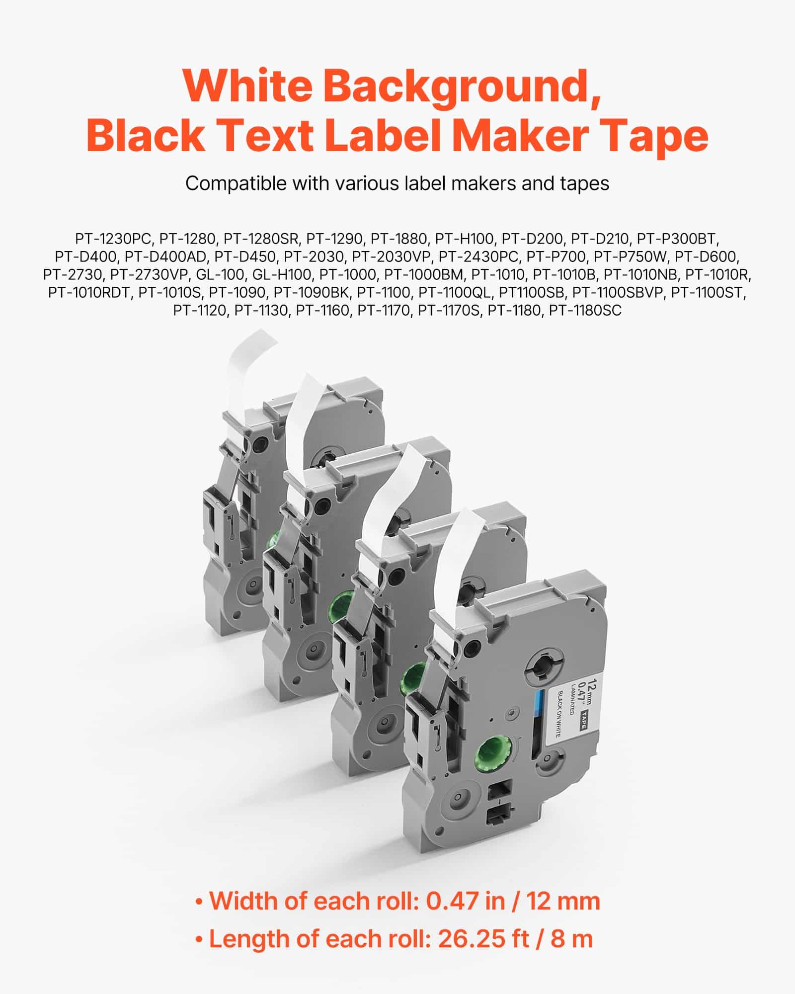 VEVOR Label Maker Tape 4-Pack, 12mm Black on White, TZe-231 Compatible for Brother P-Touch, Waterproof & Durable 8m Rolls — изображение 6