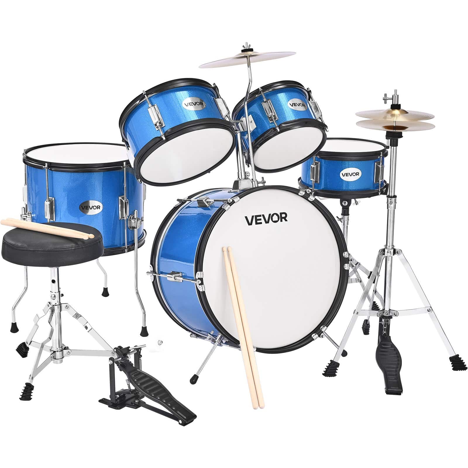 VEVOR 5-Piece Junior Drum Set for Kids Aged 6–13, 40.6 cm Bass Drum, Adjustable Throne, 2 Drumstick Pairs, Blue