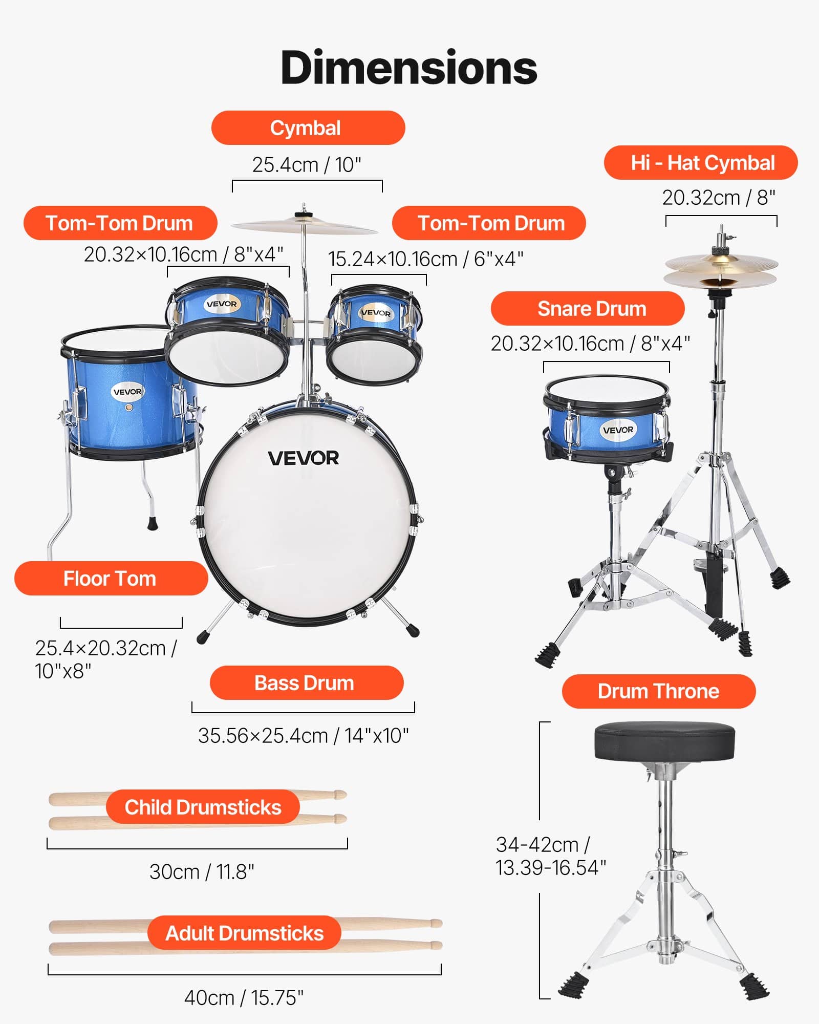 VEVOR 5-Piece Kids Drum Set 355 mm, Junior Beginner Kit with Adjustable Throne & Drumsticks, Ages 6–13, Blue - Зображення 3