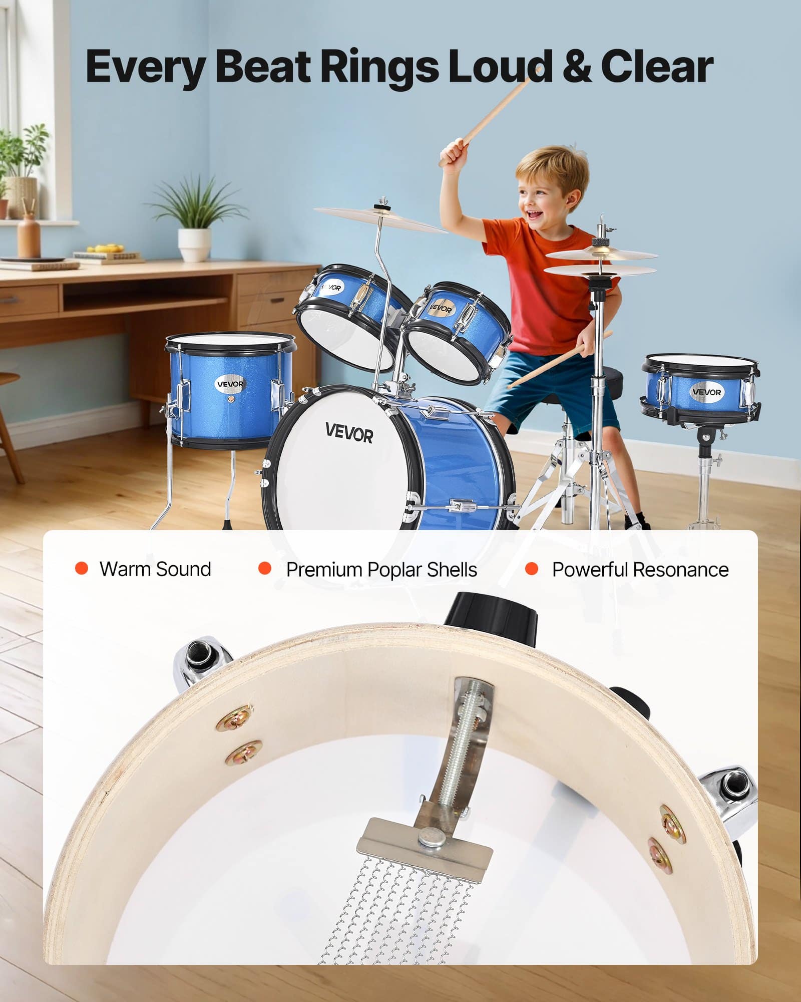 VEVOR 5-Piece Kids Drum Set 355 mm, Junior Beginner Kit with Adjustable Throne & Drumsticks, Ages 6–13, Blue - Зображення 4