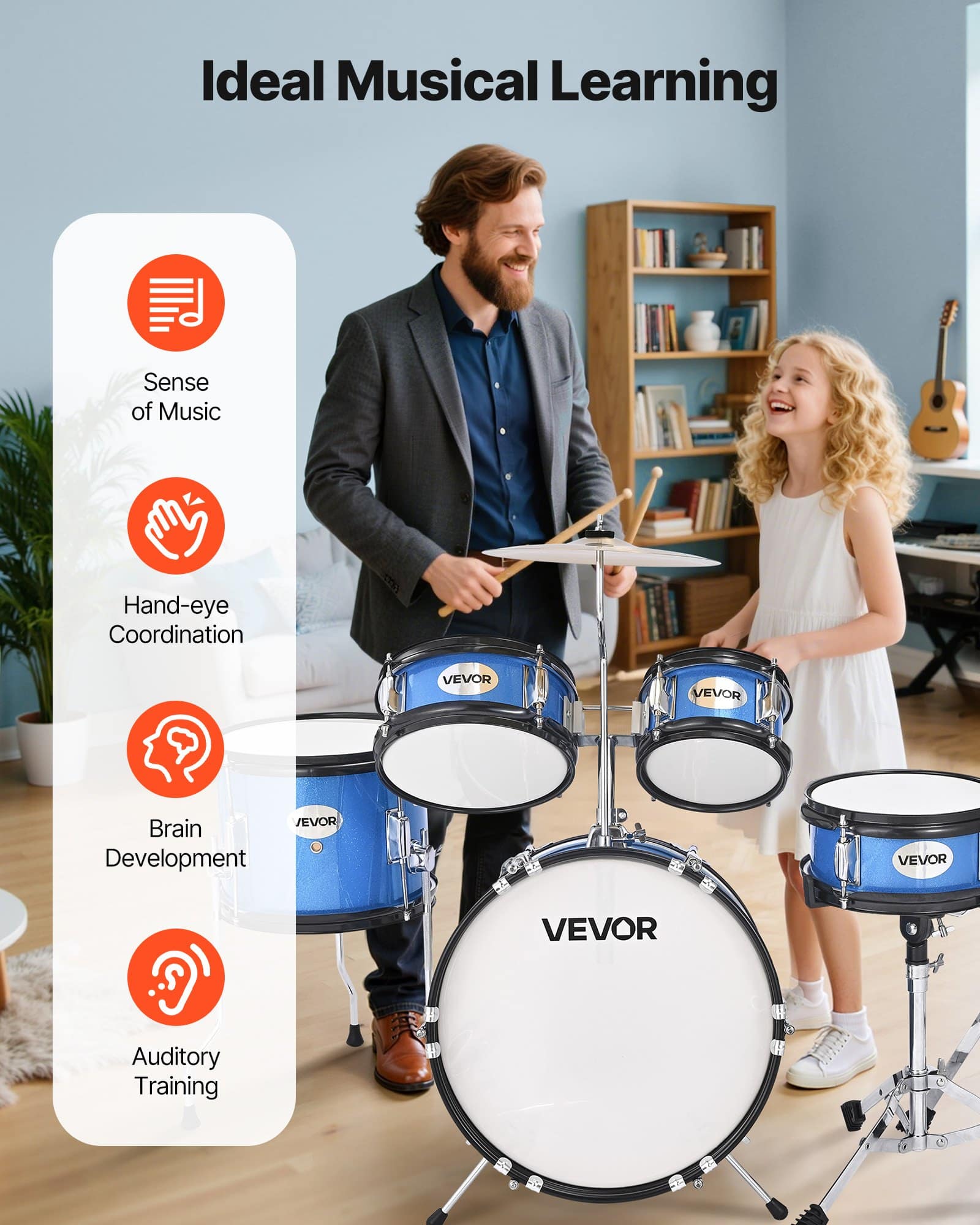 VEVOR 5-Piece Kids Drum Set 355 mm, Junior Beginner Kit with Adjustable Throne & Drumsticks, Ages 6–13, Blue - Зображення 5