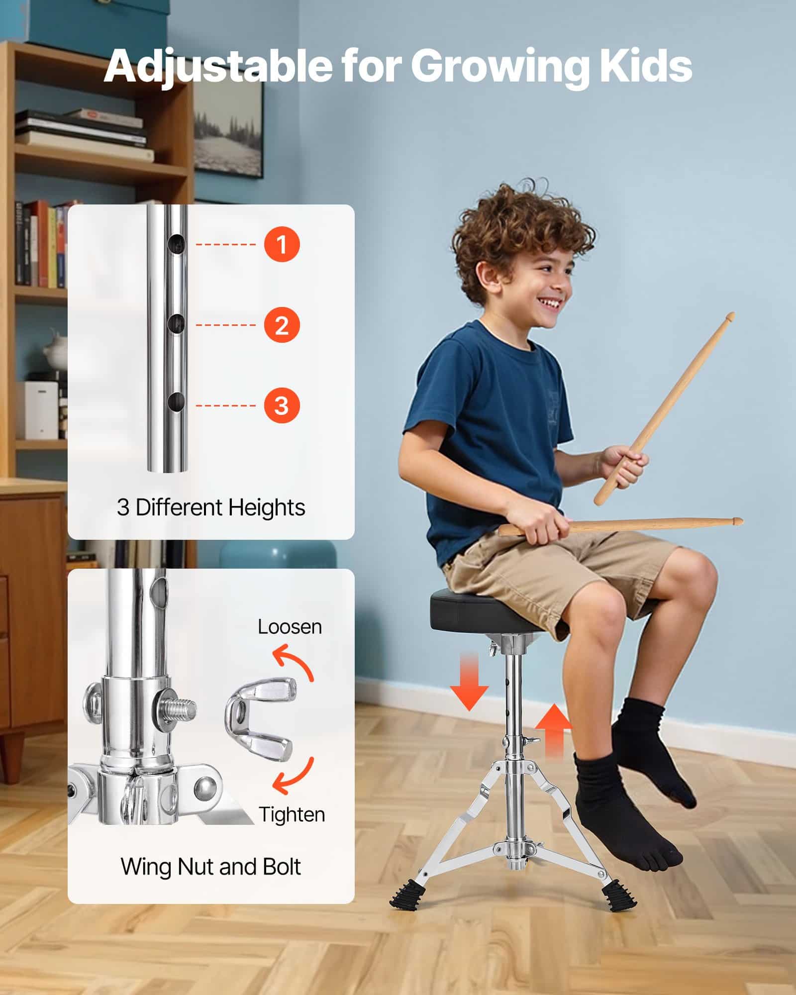 VEVOR 5-Piece Kids Drum Set 355 mm, Junior Beginner Kit with Adjustable Throne & Drumsticks, Ages 6–13, Blue - Зображення 6