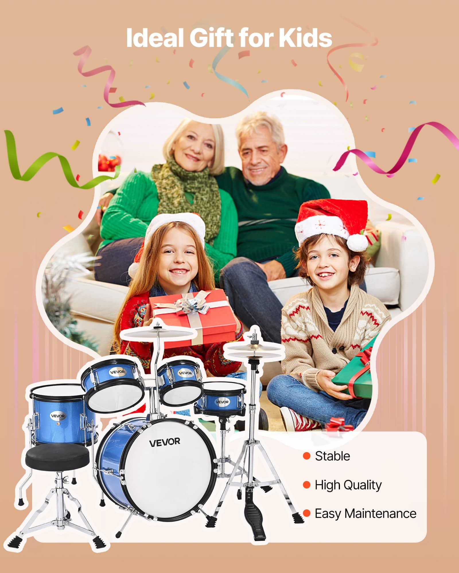 VEVOR 5-Piece Kids Drum Set 355 mm, Junior Beginner Kit with Adjustable Throne & Drumsticks, Ages 6–13, Blue - Зображення 7
