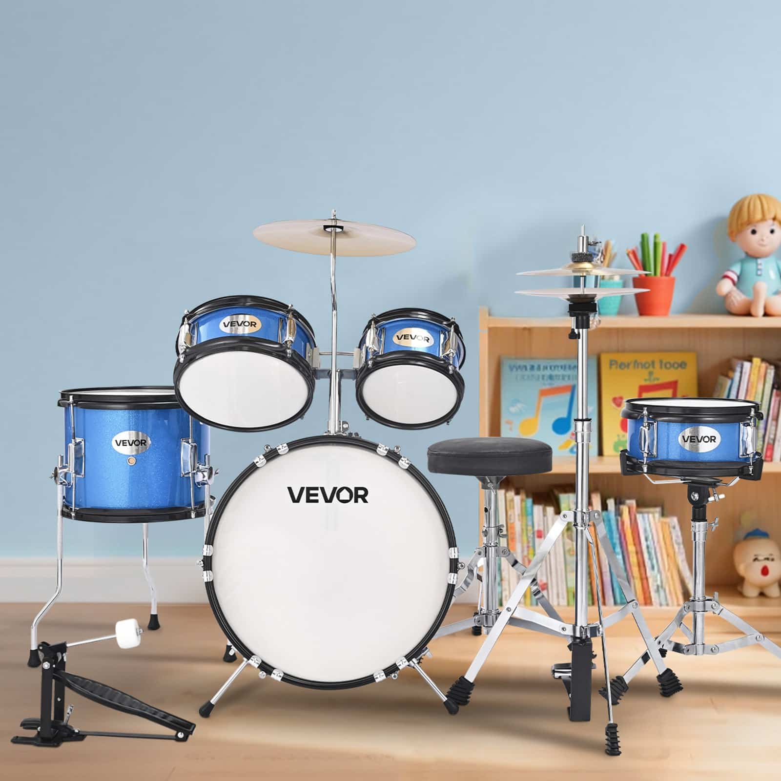 VEVOR 5-Piece Kids Drum Set 355 mm, Junior Beginner Kit with Adjustable Throne & Drumsticks, Ages 6–13, Blue - Зображення 8