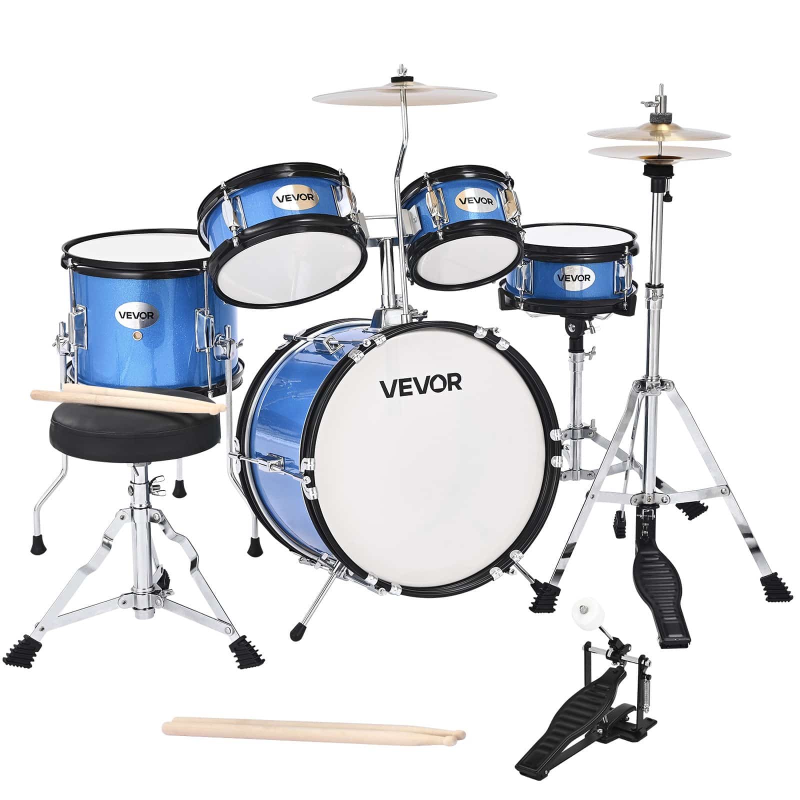 VEVOR 5-Piece Kids Drum Set 355 mm, Junior Beginner Kit with Adjustable Throne & Drumsticks, Ages 6–13, Blue