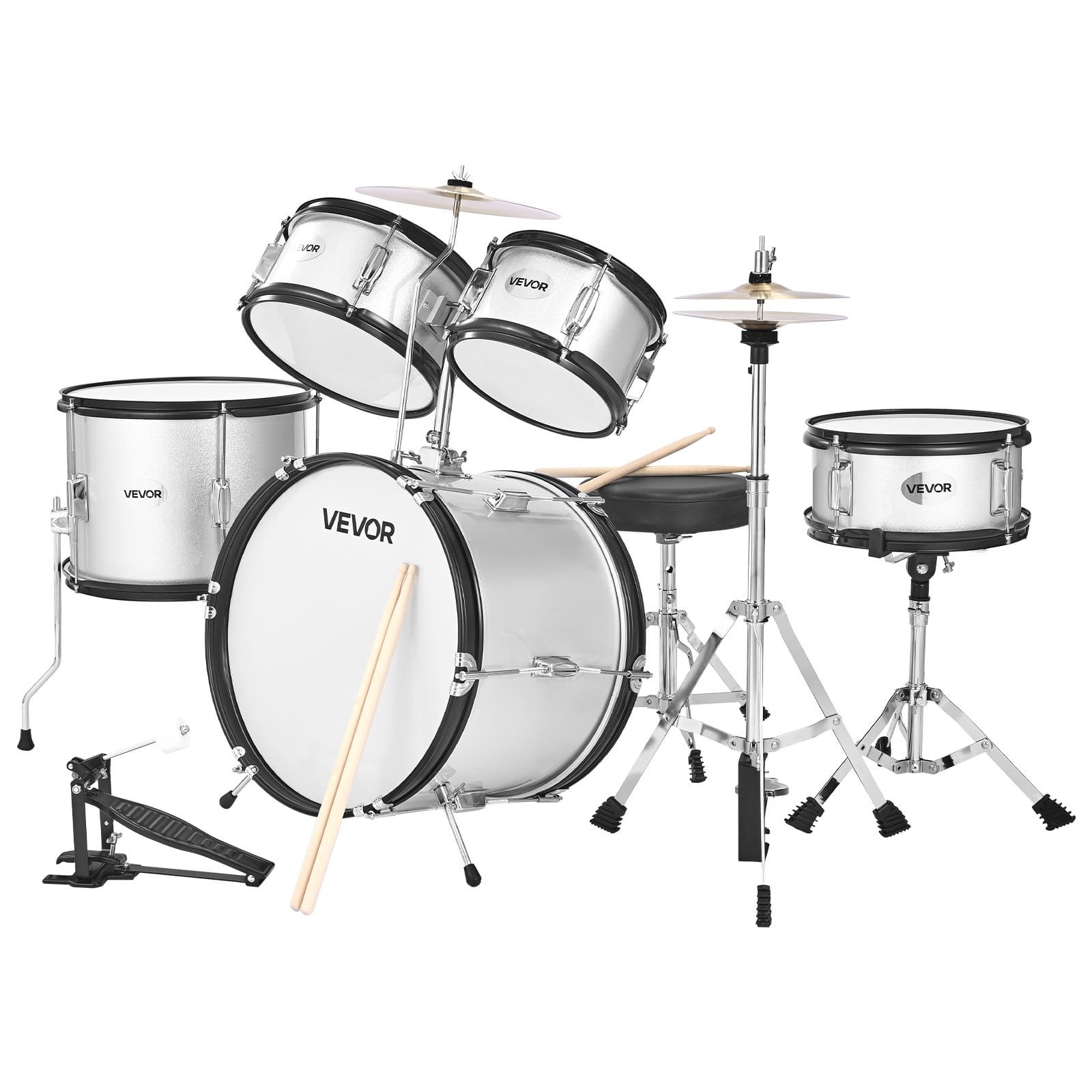 VEVOR 5-Piece Kids Drum Set 40.6 cm Junior Kit with Throne & 2 Drumstick Pairs, Musical Instrument for Ages 6–13, Silver