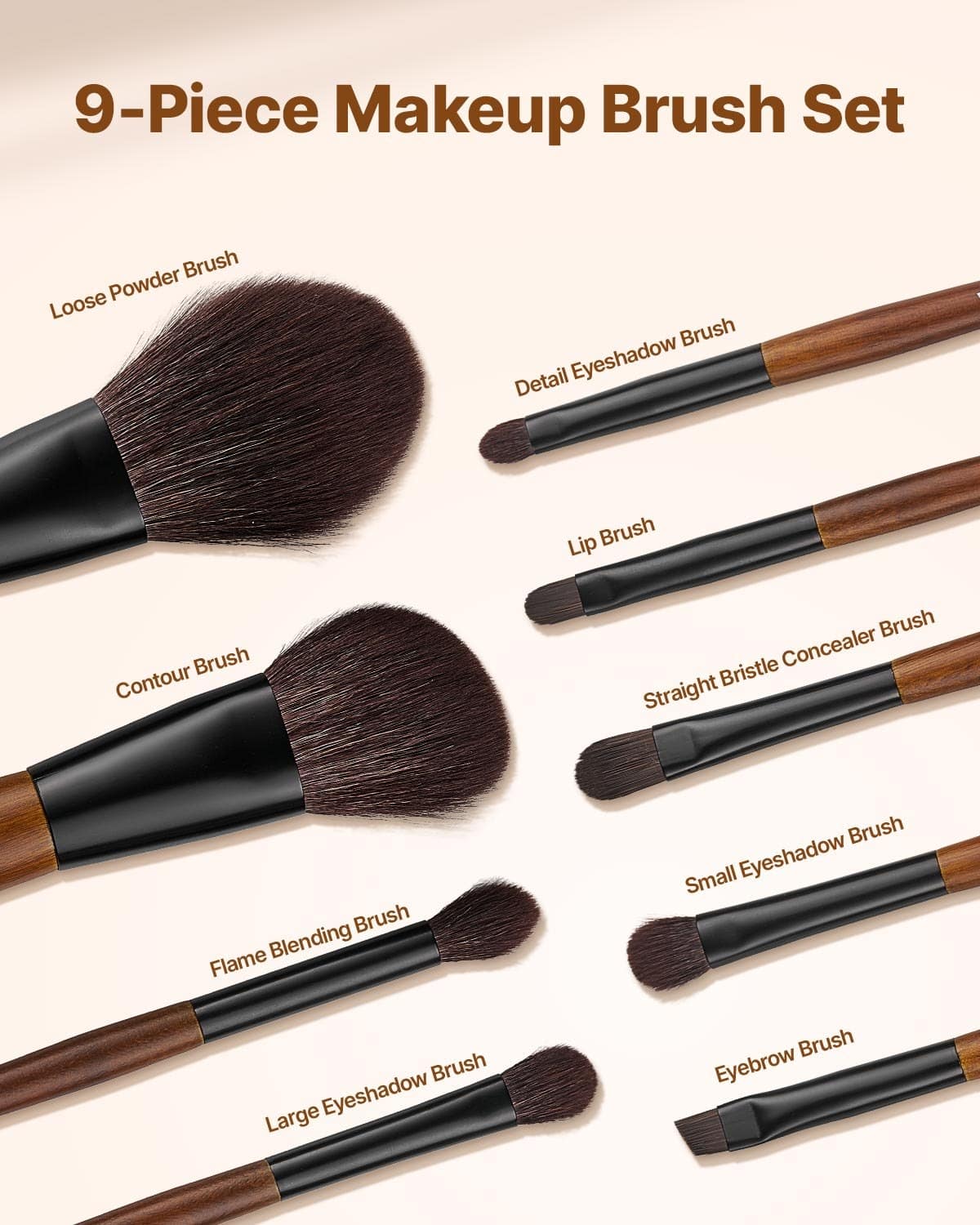 VEVOR 9-Piece Professional Makeup Brush Set with Natural & Vegan Bristles, Wooden Handle, Travel Bag – Face & Eye Brushes - Pilt 2