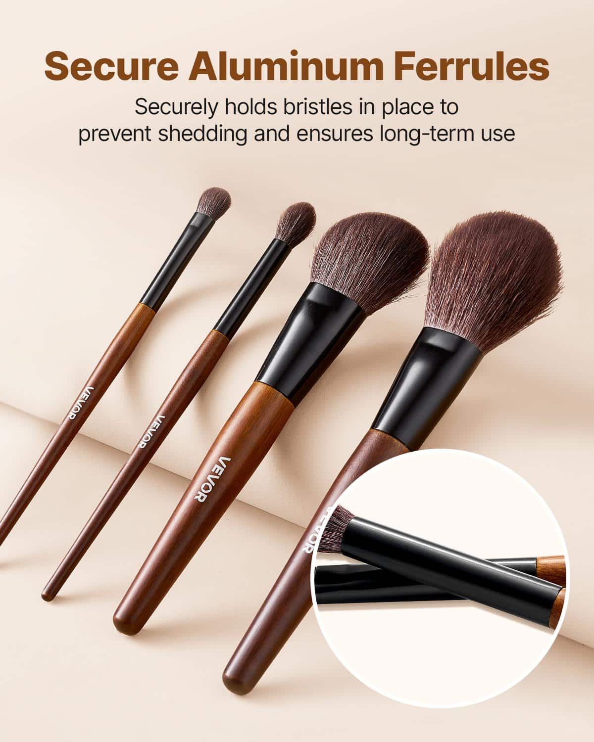 VEVOR 9-Piece Professional Makeup Brush Set with Natural & Vegan Bristles, Wooden Handle, Travel Bag – Face & Eye Brushes - Pilt 4