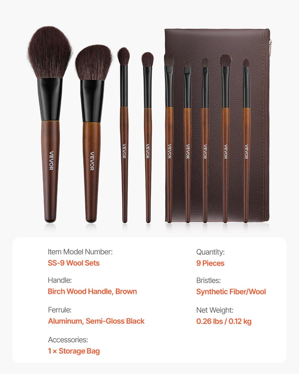 VEVOR 9-Piece Professional Makeup Brush Set with Natural & Vegan Bristles, Wooden Handle, Travel Bag – Face & Eye Brushes - Pilt 7