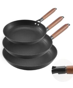 VEVOR набір із 3 чавунних сковорідок (205/265/310 мм), антипригарні знімною дерев'яною ручкою, для всіх типів плит, чорні