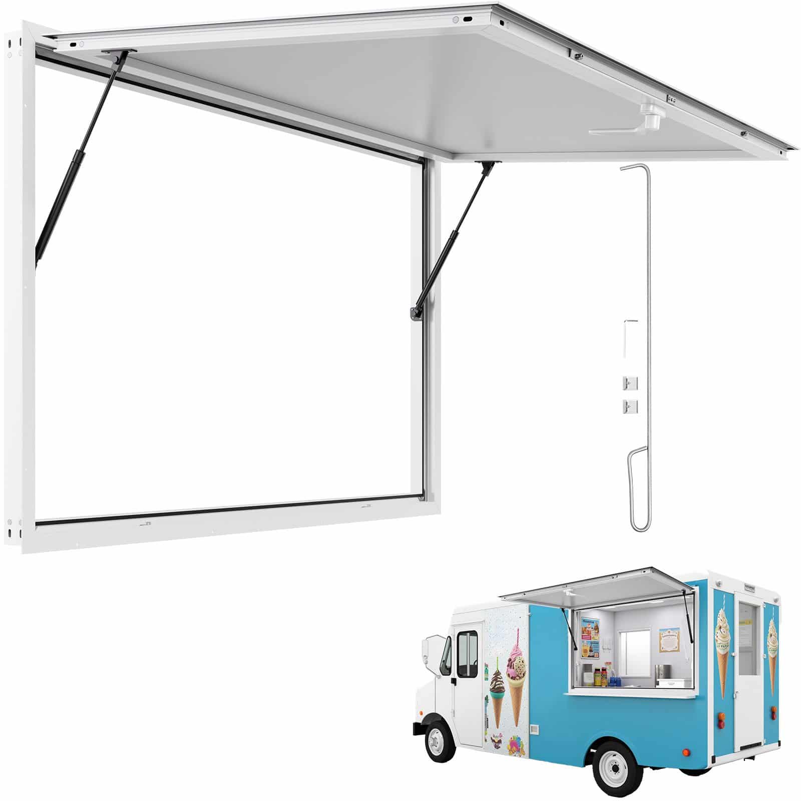 VEVOR 152x92 cm Aluminum Concession Window with Awning, Lockable Service Hatch for Food Trucks & Trailers, Rainproof, 85° Opening