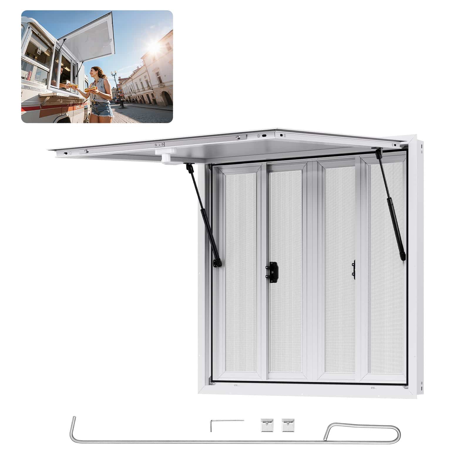 VEVOR 92x92 cm Aluminum Concession Window with 4 Sliding Screens, Awning & Lock for Food Trucks & Trailers