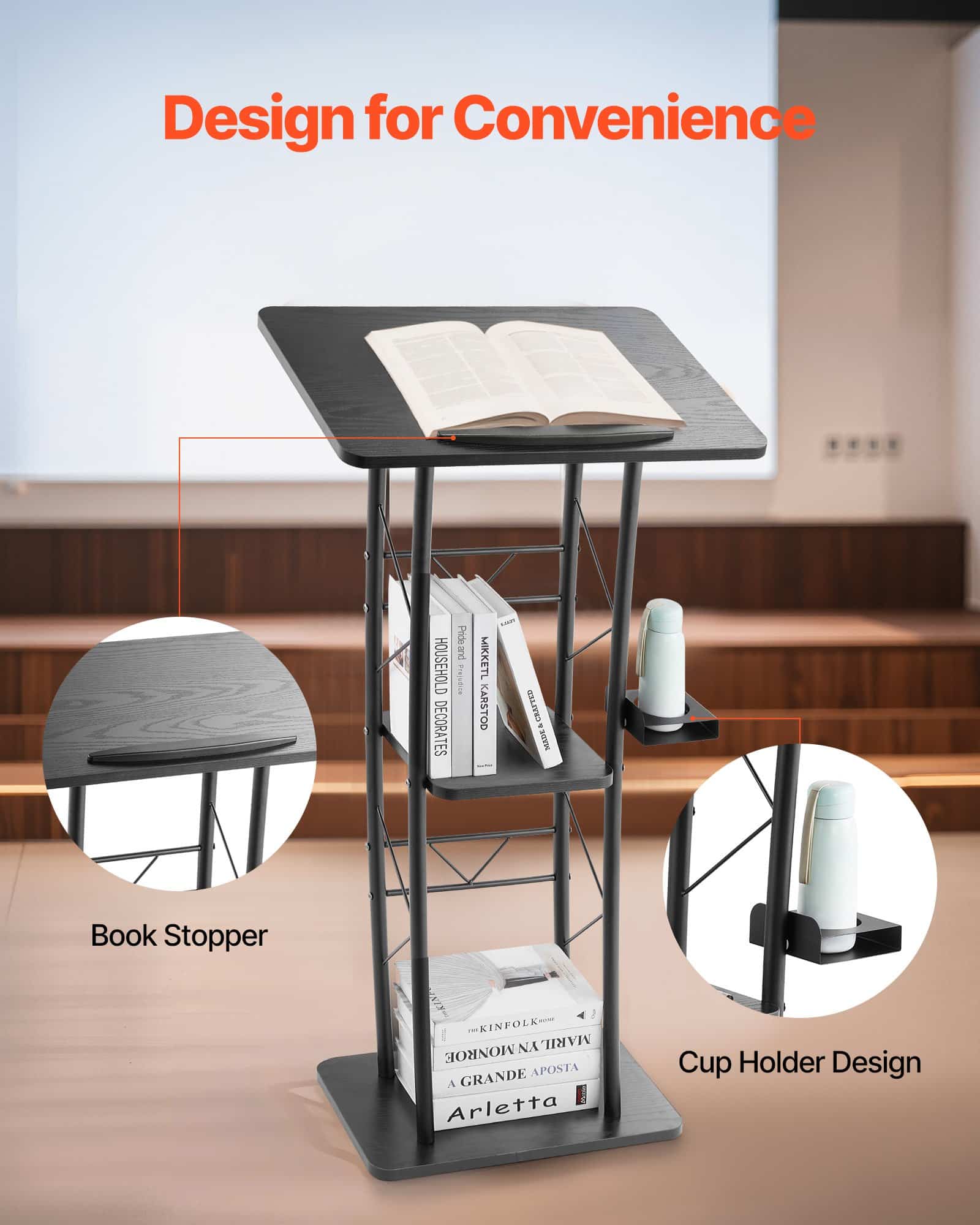 VEVOR 118 cm Metal Podium Stand with Curved Design, Wide Surface, Storage, Cup Holder – for Classroom, Wedding, Conference — изображение 3