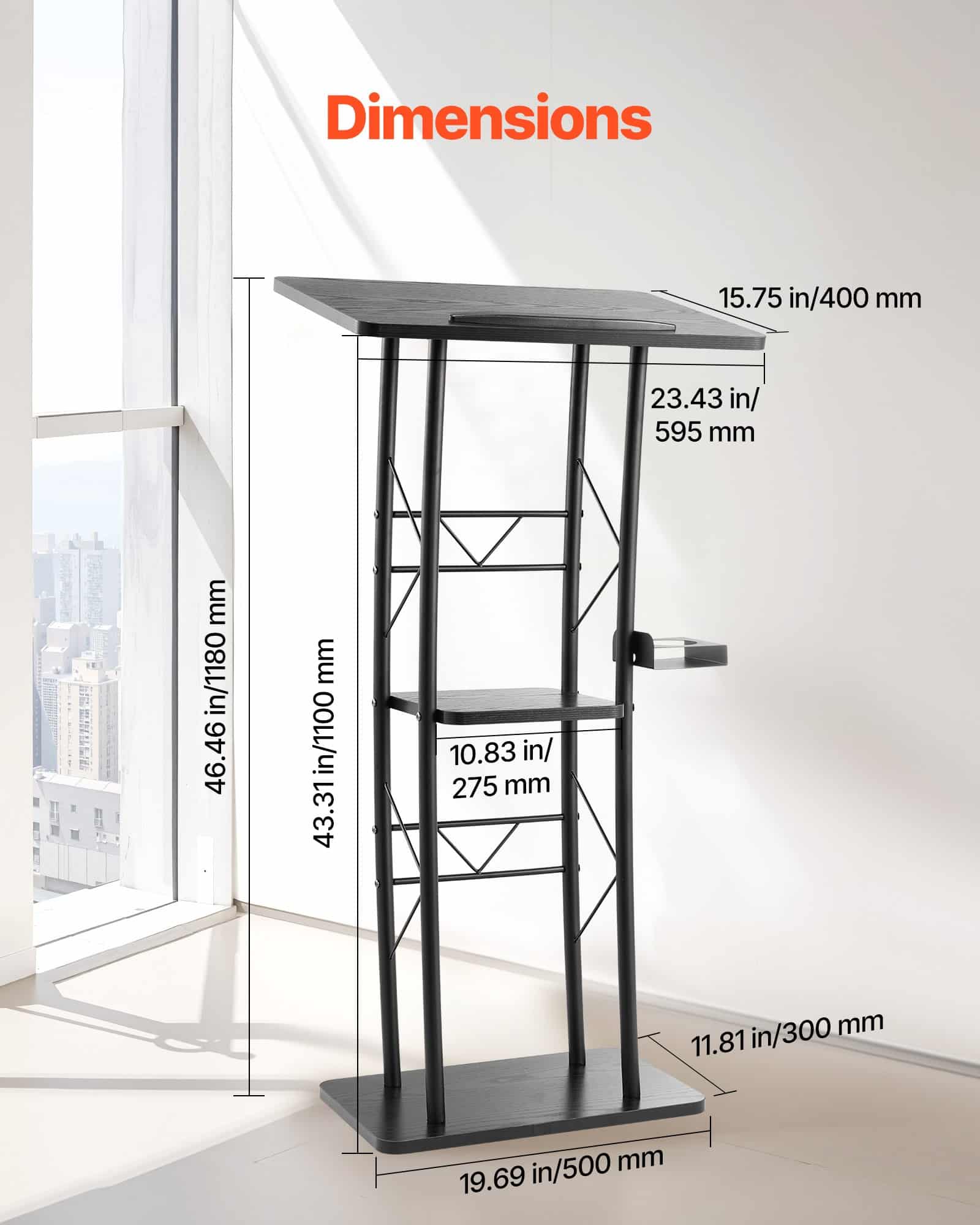 VEVOR 118 cm Metal Podium Stand with Curved Design, Wide Surface, Storage, Cup Holder – for Classroom, Wedding, Conference — изображение 4