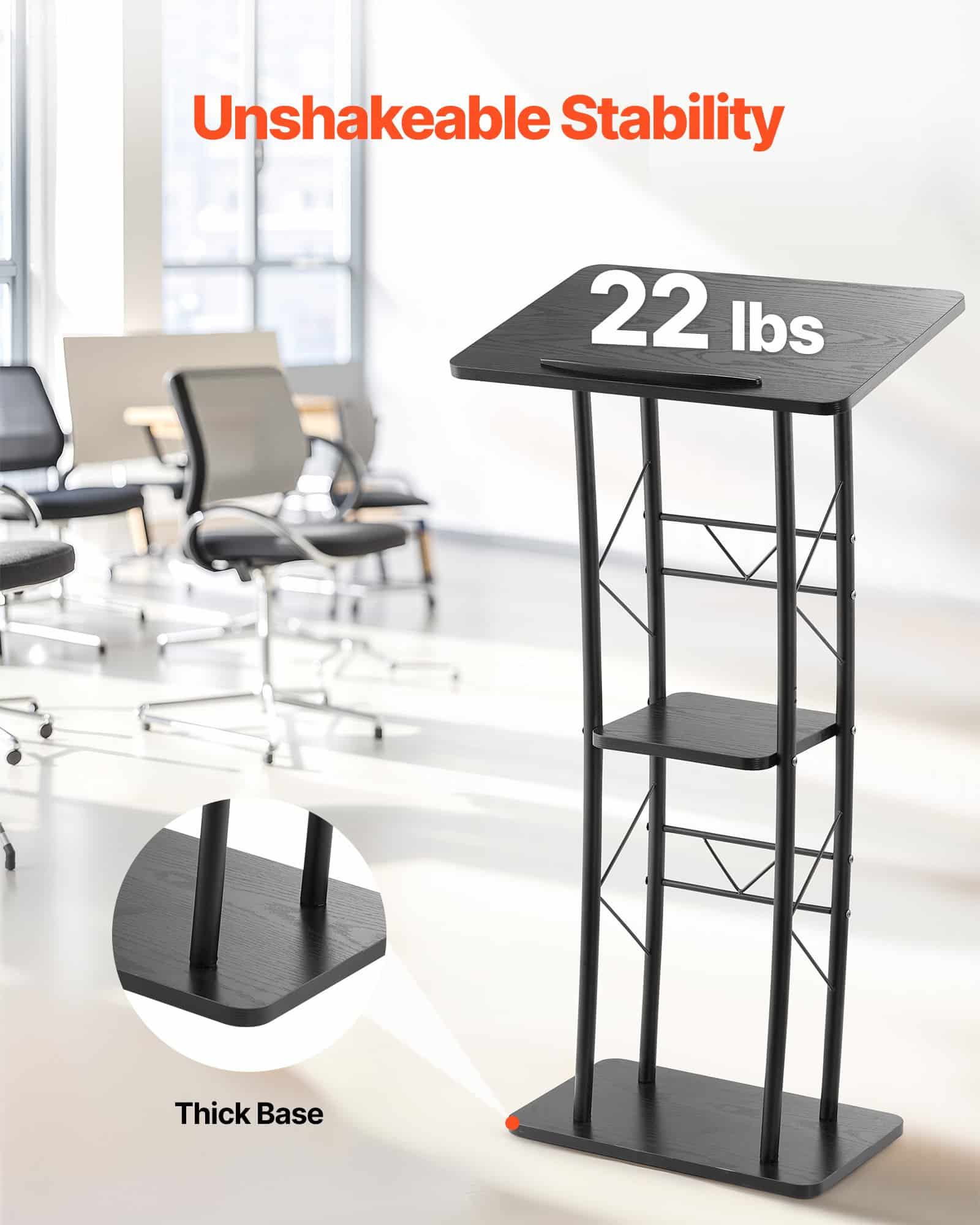 VEVOR 118 cm Metal Podium Stand with Curved Design, Wide Surface, Storage, Cup Holder – for Classroom, Wedding, Conference — изображение 5