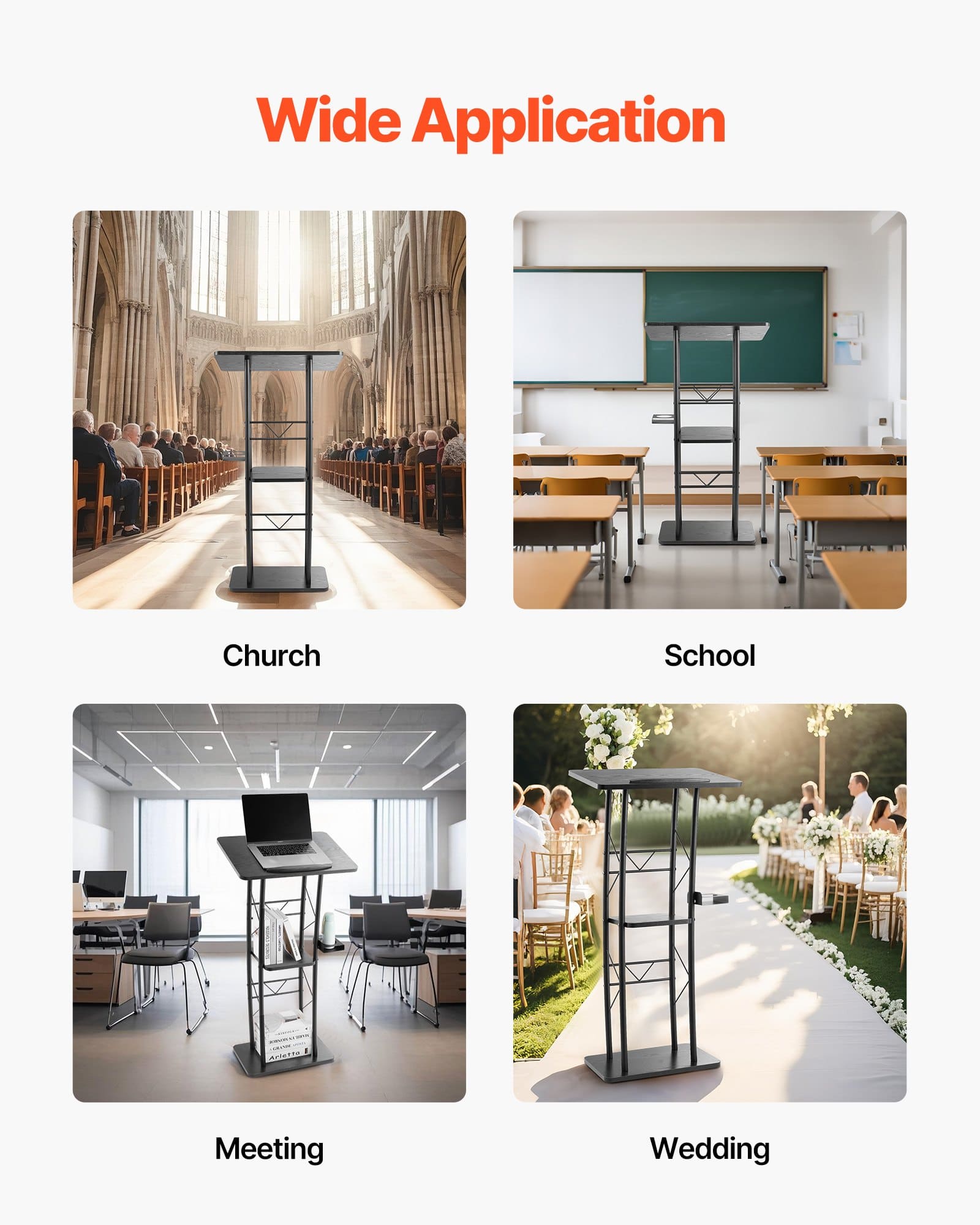 VEVOR 118 cm Metal Podium Stand with Curved Design, Wide Surface, Storage, Cup Holder – for Classroom, Wedding, Conference — изображение 7