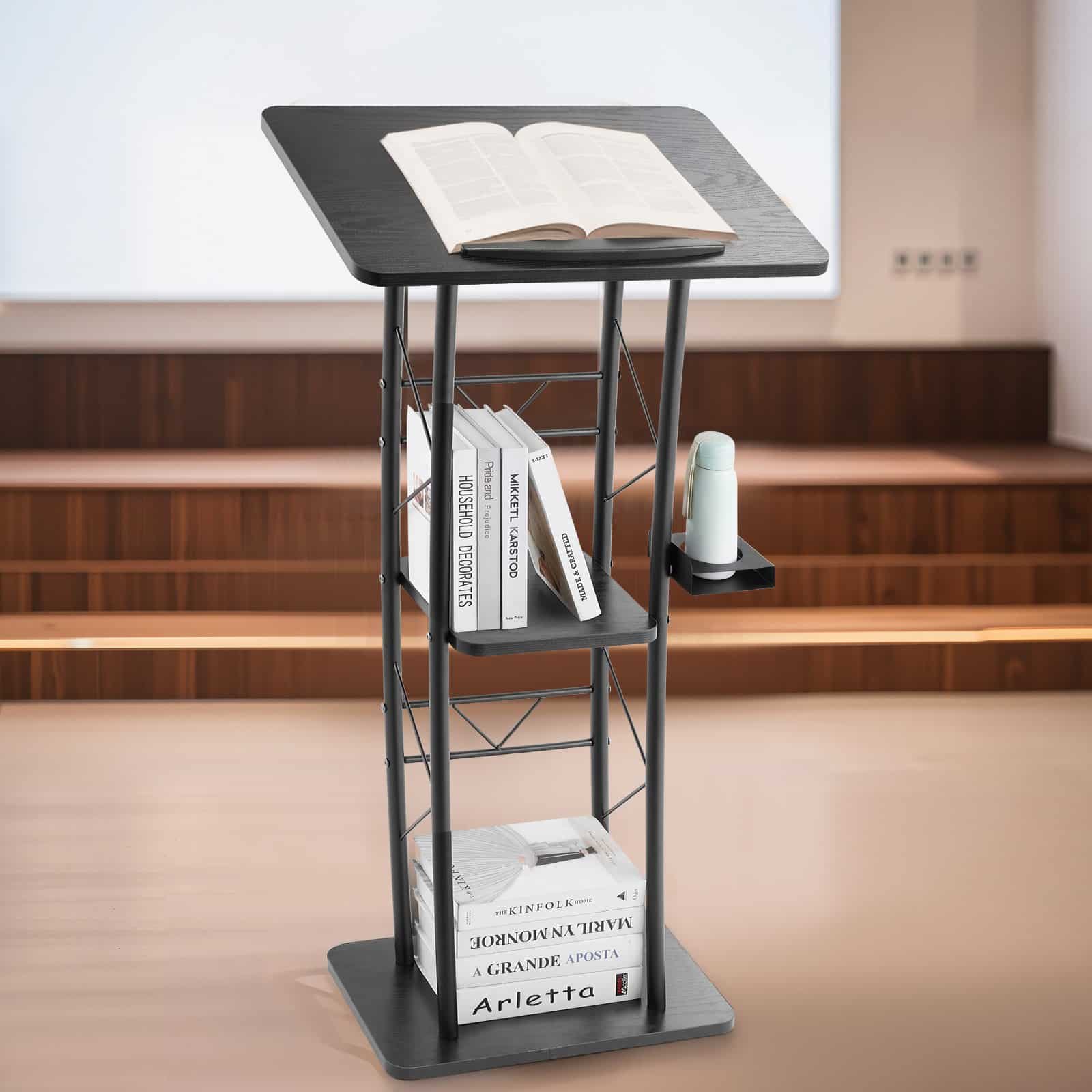 VEVOR 118 cm Metal Podium Stand with Curved Design, Wide Surface, Storage, Cup Holder – for Classroom, Wedding, Conference — изображение 8