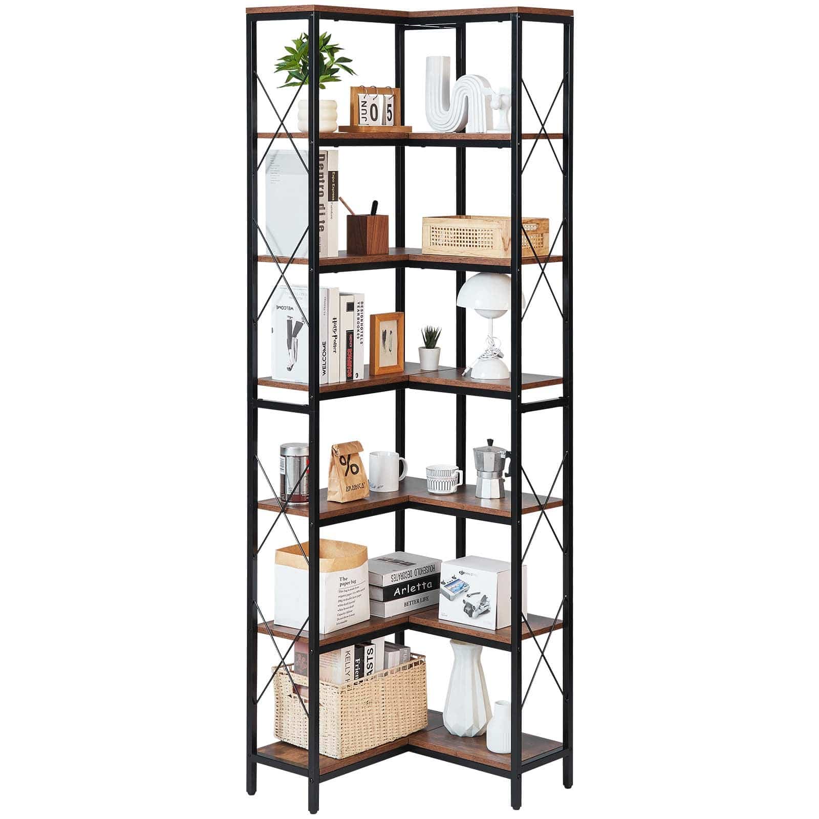 VEVOR 7-Tier L-Shaped Corner Bookshelf, Reversible Wooden Bookcase with Metal Frame, 91kg/Shelf, for Home & Office