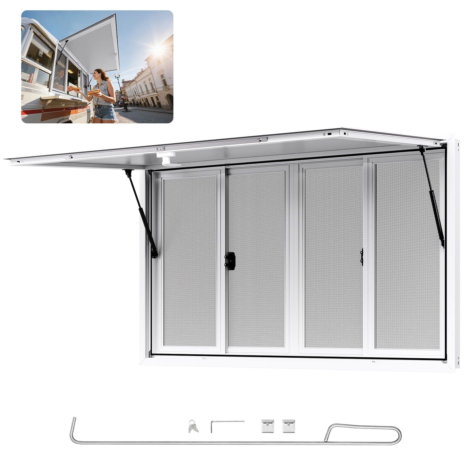 VEVOR 152x92 cm Aluminum Concession Window with 4 Sliding Screens, Awning & Lock, for Food Trucks and Trailers