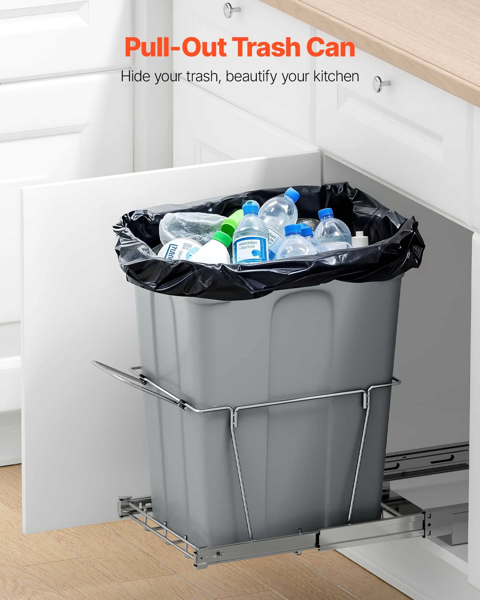 VEVOR 33L Pull-Out Trash Bin for Kitchen Cabinets, Under-Counter Waste & Recycling Container with Handle & Heavy-Duty Slide Rails - Image 2