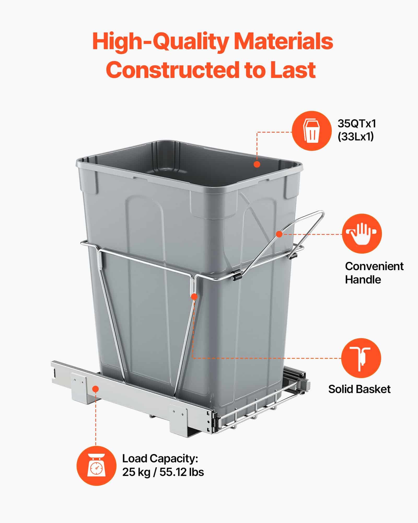 VEVOR 33L Pull-Out Trash Bin for Kitchen Cabinets, Under-Counter Waste & Recycling Container with Handle & Heavy-Duty Slide Rails - Image 3