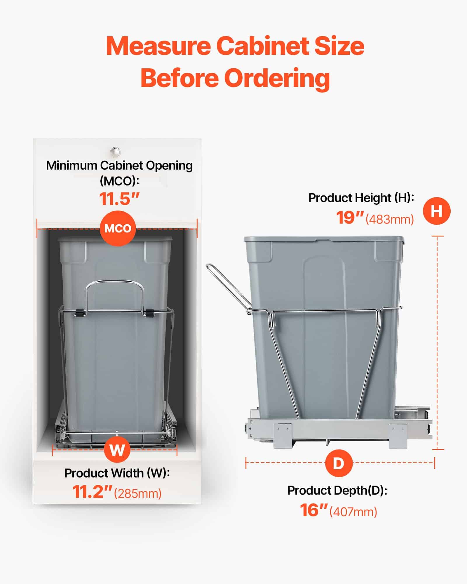 VEVOR 33L Pull-Out Trash Bin for Kitchen Cabinets, Under-Counter Waste & Recycling Container with Handle & Heavy-Duty Slide Rails - Image 4
