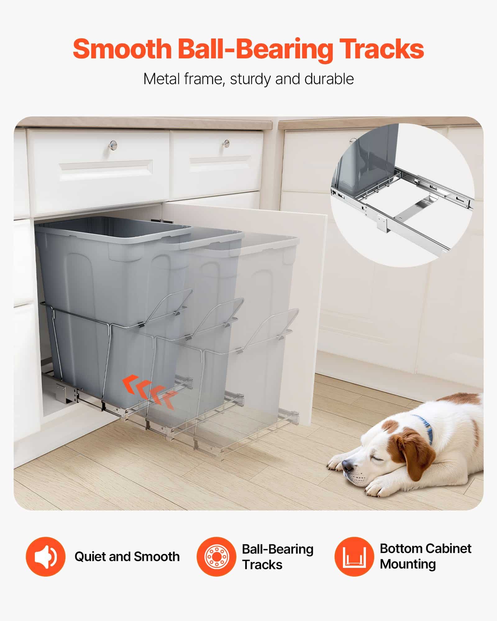 VEVOR 33L Pull-Out Trash Bin for Kitchen Cabinets, Under-Counter Waste & Recycling Container with Handle & Heavy-Duty Slide Rails - Image 6