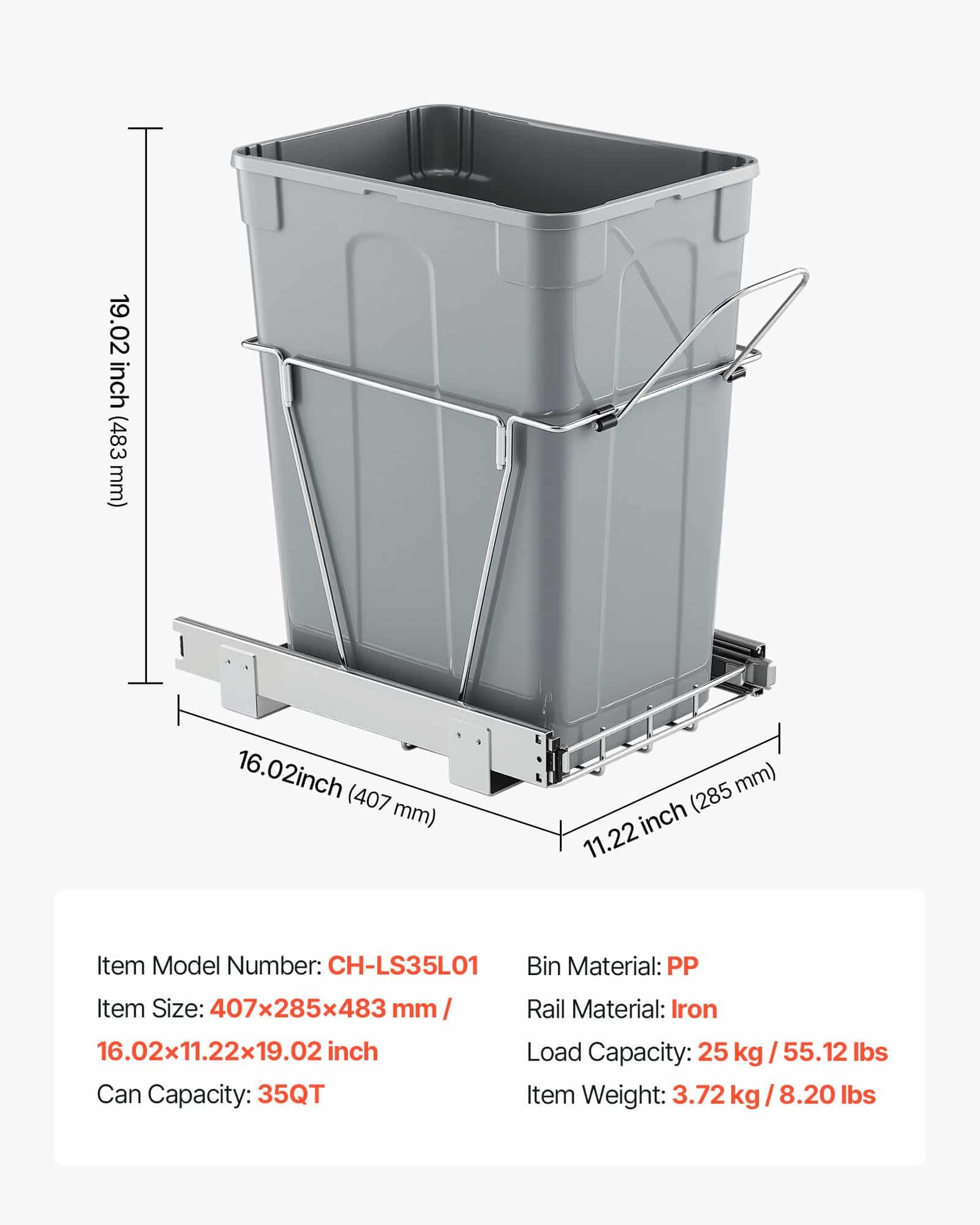 VEVOR 33L Pull-Out Trash Bin for Kitchen Cabinets, Under-Counter Waste & Recycling Container with Handle & Heavy-Duty Slide Rails - Image 7
