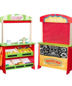VEVOR Wooden Puppet Theater & Grocery Store Playset with Chalkboard, Cash Register & 35 Accessories, for Kids 3+