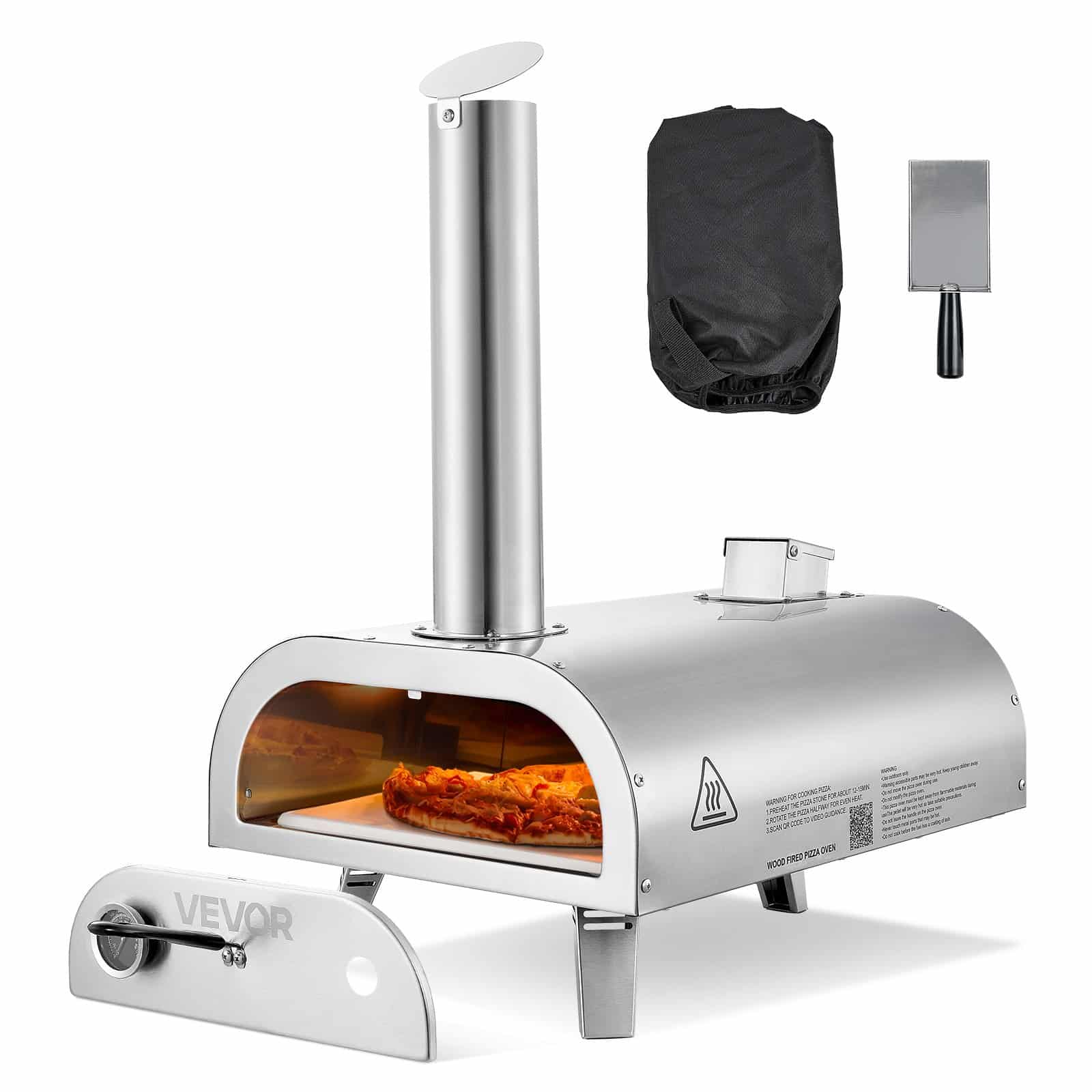 VEVOR Portable Outdoor 30cm Wood-Fired Pizza Oven, Stainless Steel with Thermometer, Stone, Shovel & Bag, Silver