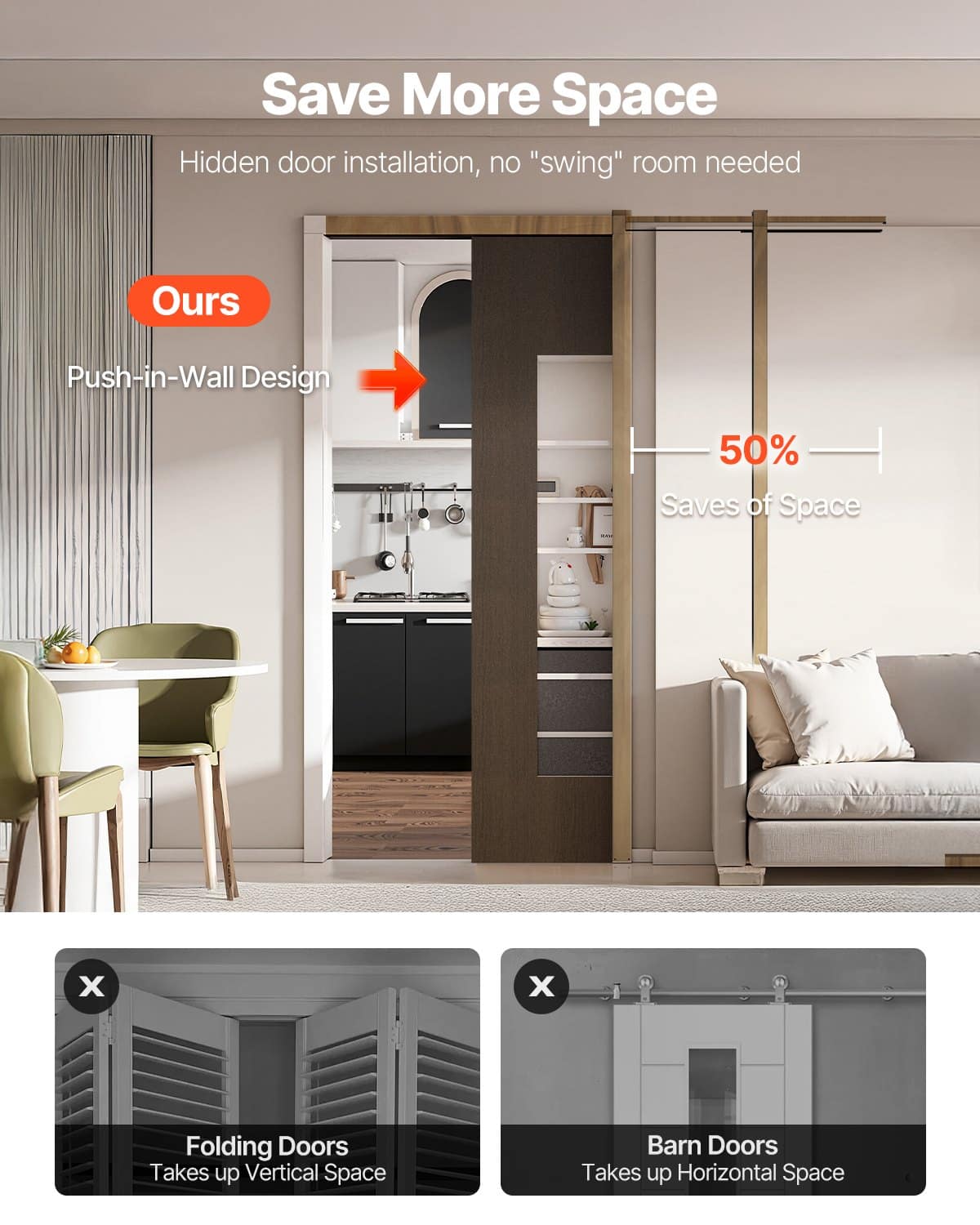 VEVOR Pocket Door Frame Kit for 610–762mm Wide x 2032mm High Doors, Soft-Close, Steel & Wood, Quiet Sliding, Easy Install — изображение 2