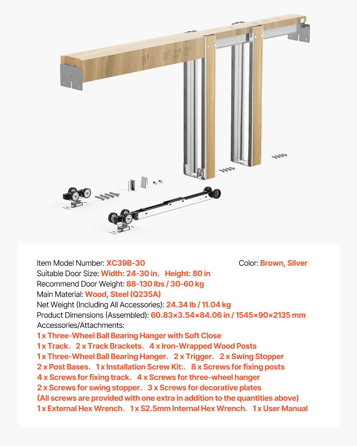 VEVOR Pocket Door Frame Kit for 610–762mm Wide x 2032mm High Doors, Soft-Close, Steel & Wood, Quiet Sliding, Easy Install — изображение 7