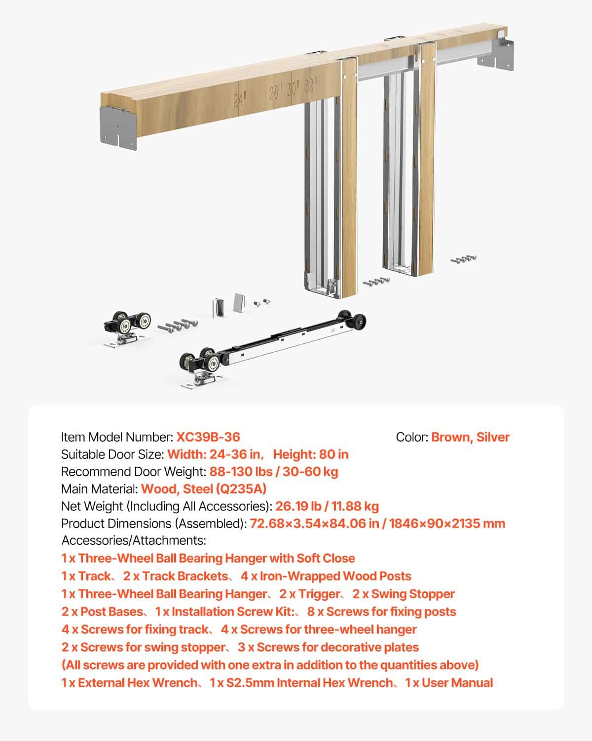 VEVOR Pocket Door Frame Kit for 610–914mm Wide x 2032mm High Doors, Soft-Close, Galvanized Steel, Quiet Sliding, Easy Install — изображение 7