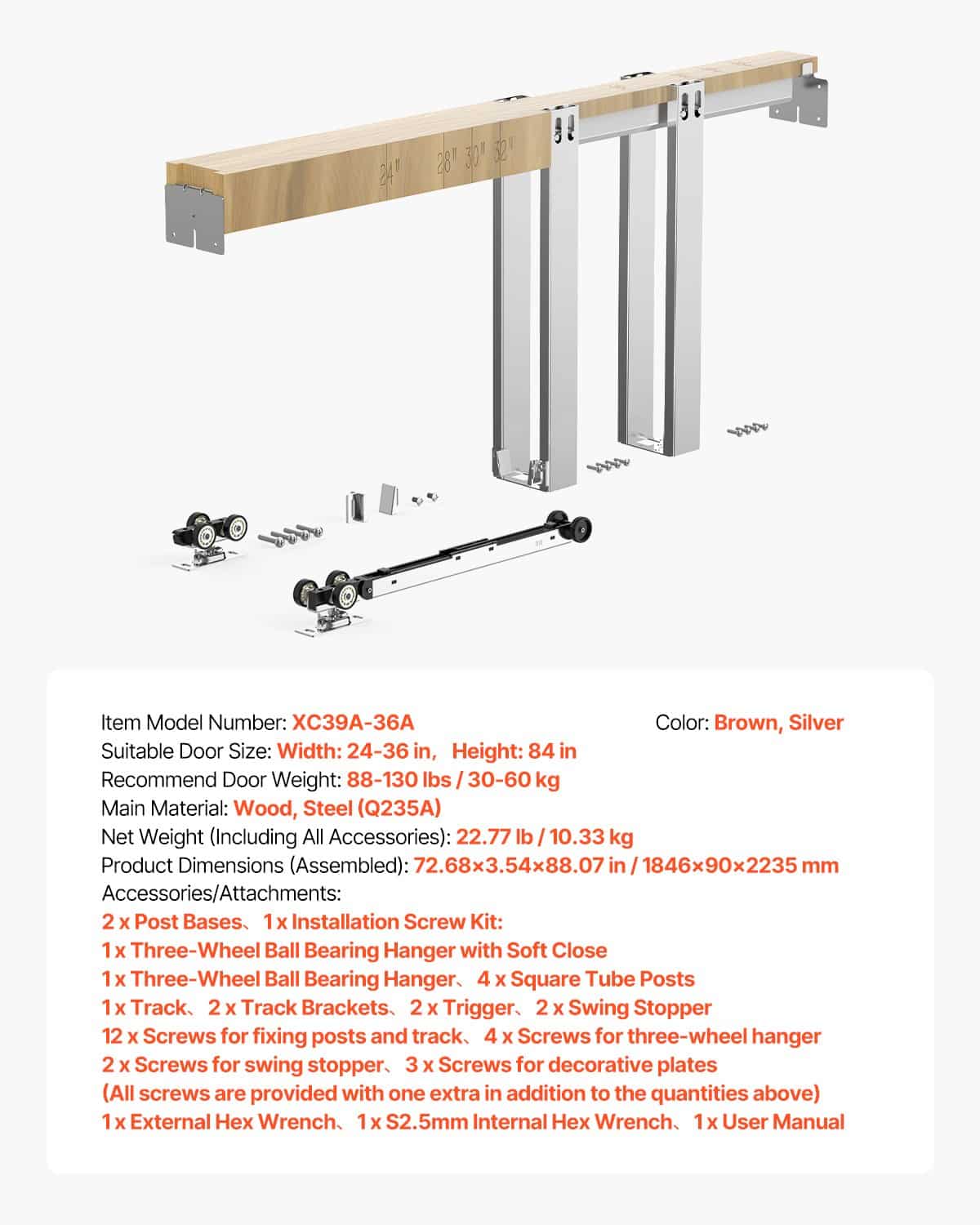 VEVOR Pocket Door Frame Kit for 610–914mm Wide x 2134mm High Doors, Soft-Close, Galvanized Steel, Quiet Sliding, Easy Install — изображение 7